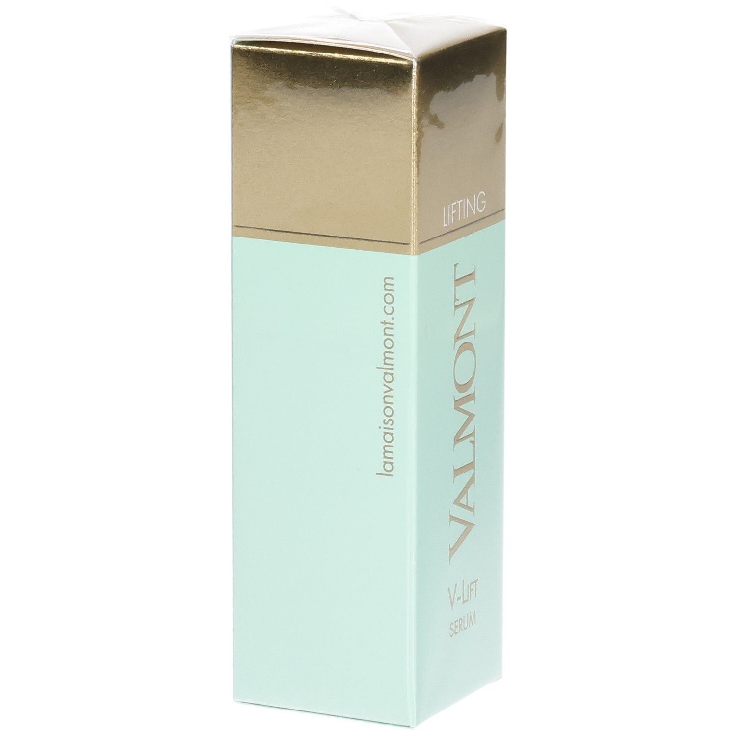 VALMONT V-Lift Serum, sérum anti-rides, emballage vert menthe avec indication du site web.