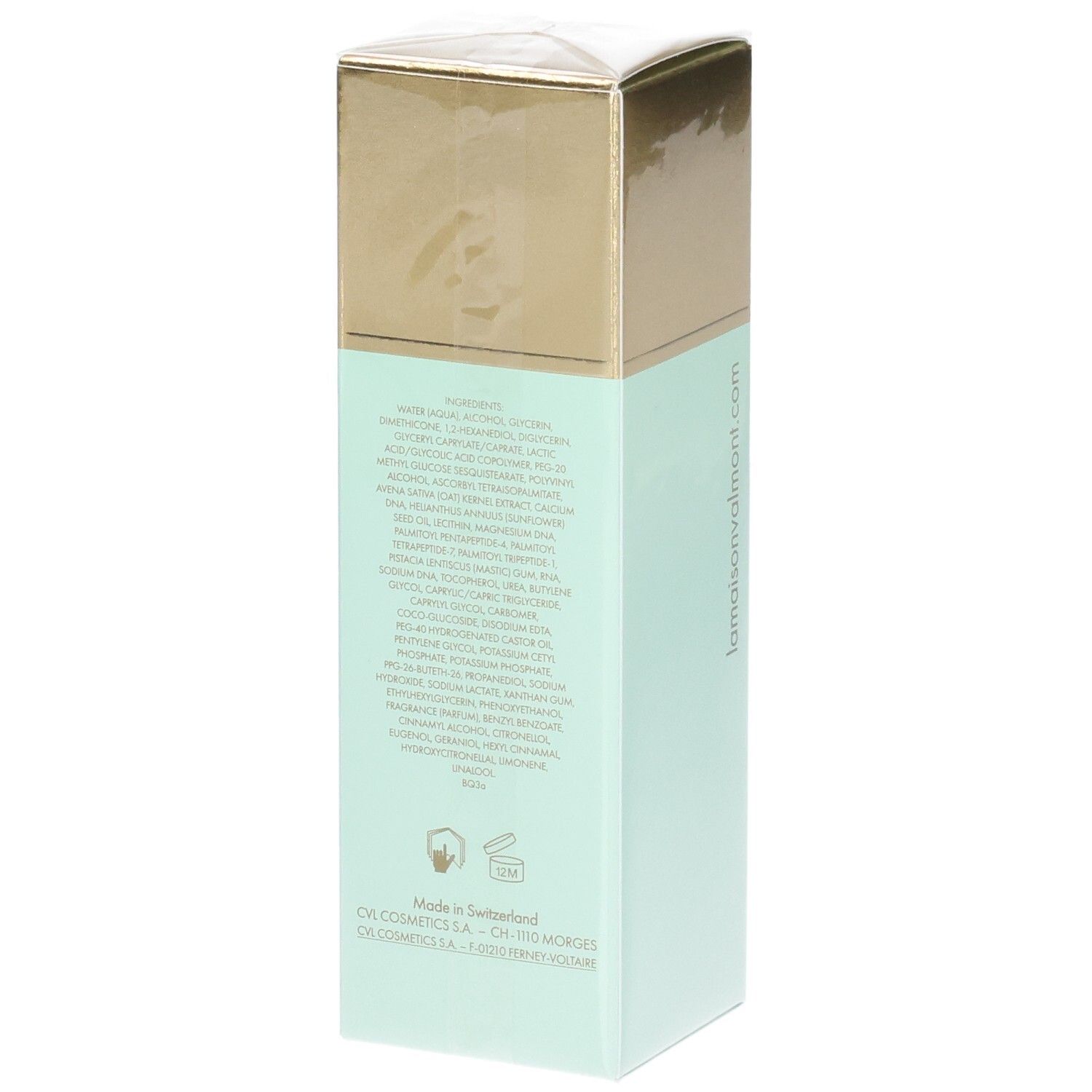 VALMONT V-Lift Serum, sérum anti-rides, emballage vert menthe avec liste des ingrédients.