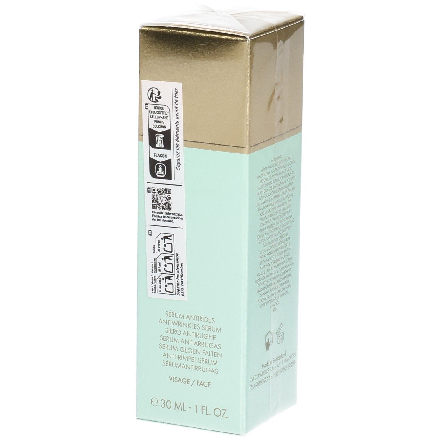 VALMONT V-Lift Serum, sérum anti-rides, emballage vert menthe avec instructions d'utilisation.
