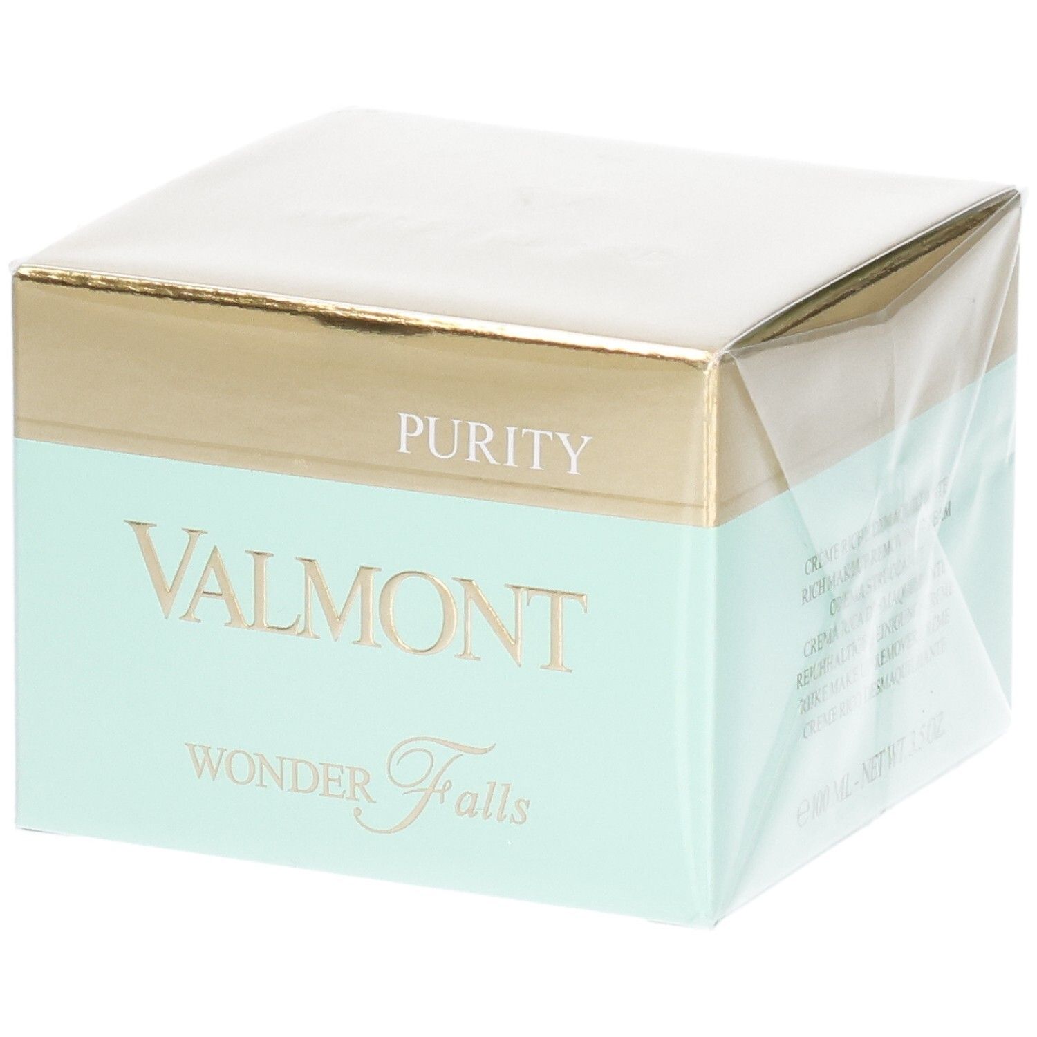 Emballage VALMONT Wonder Falls Purity. Boîte dorée et menthe avec le nom du produit.