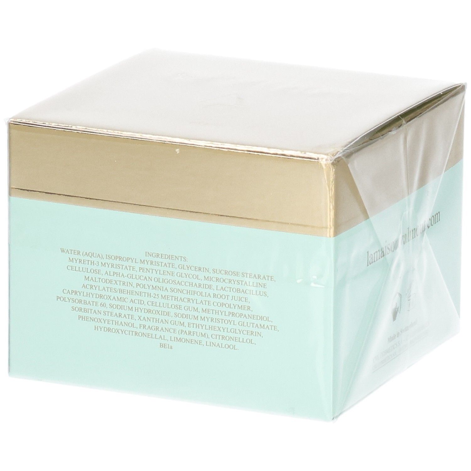Arrière de l'emballage VALMONT Wonder Falls Purity avec liste des ingrédients. Boîte dorée et menthe.