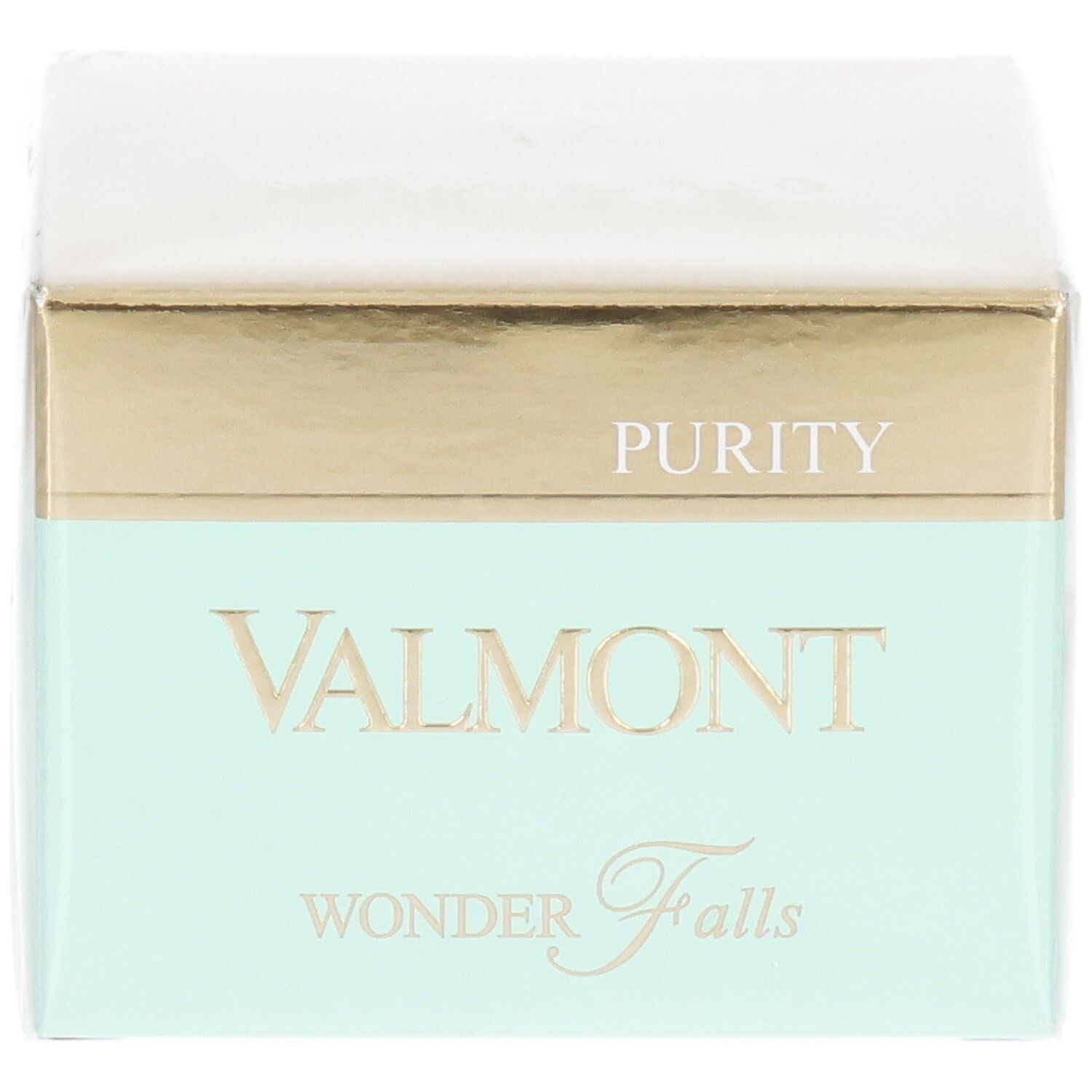 Emballage VALMONT Wonder Falls Purity. Boîte dorée et menthe avec nom du produit et 'PURITY'.