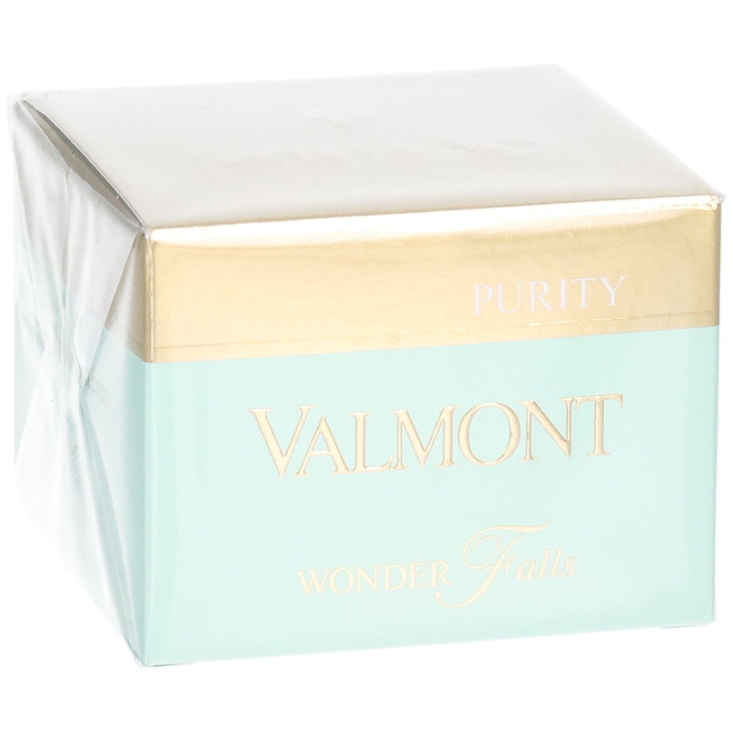 Emballage VALMONT Wonder Falls Purity. Boîte dorée et menthe avec nom du produit et 'PURITY'.