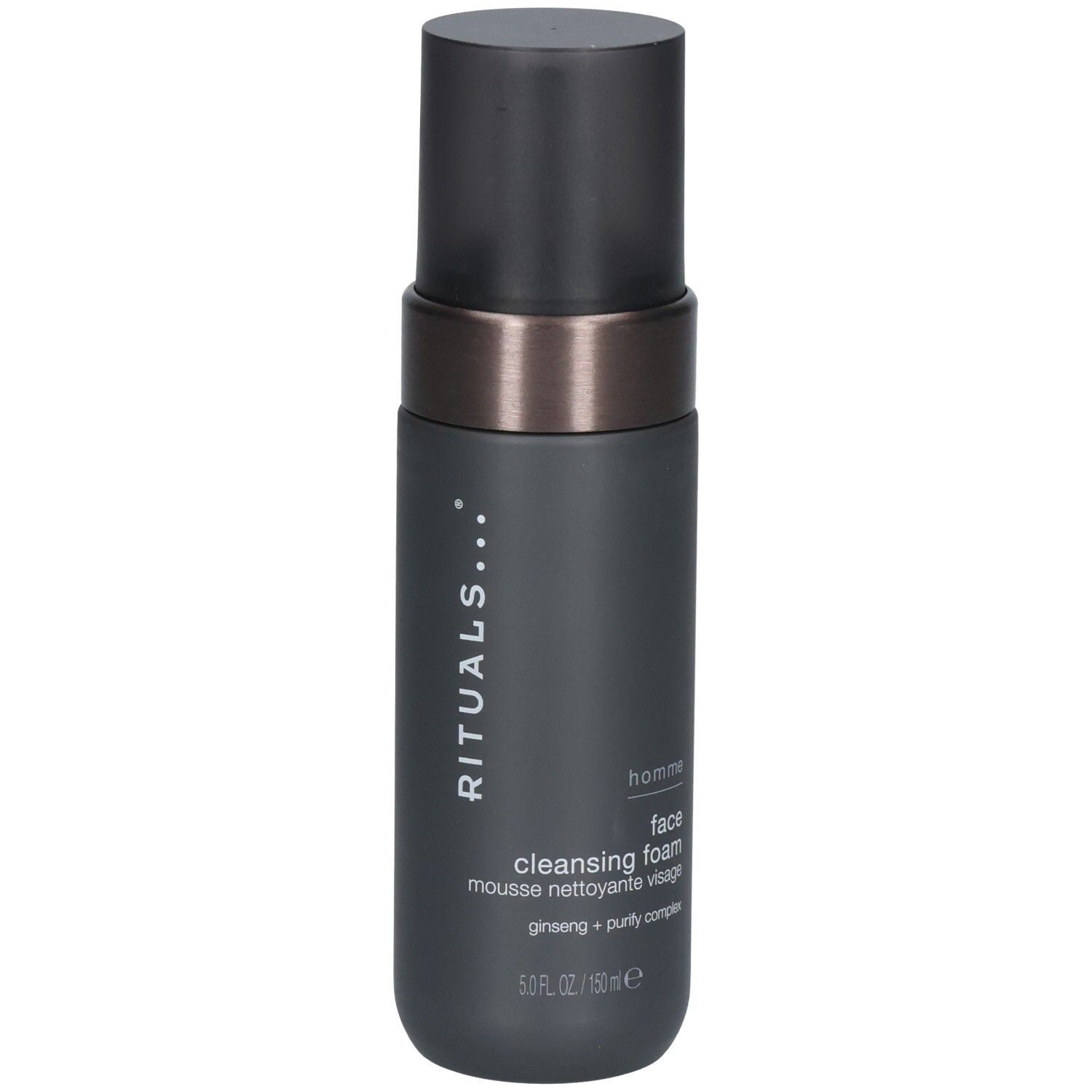 Distributeur foncé avec pompe noire et anneau argenté. Mousse nettoyante visage RITUALS Homme.