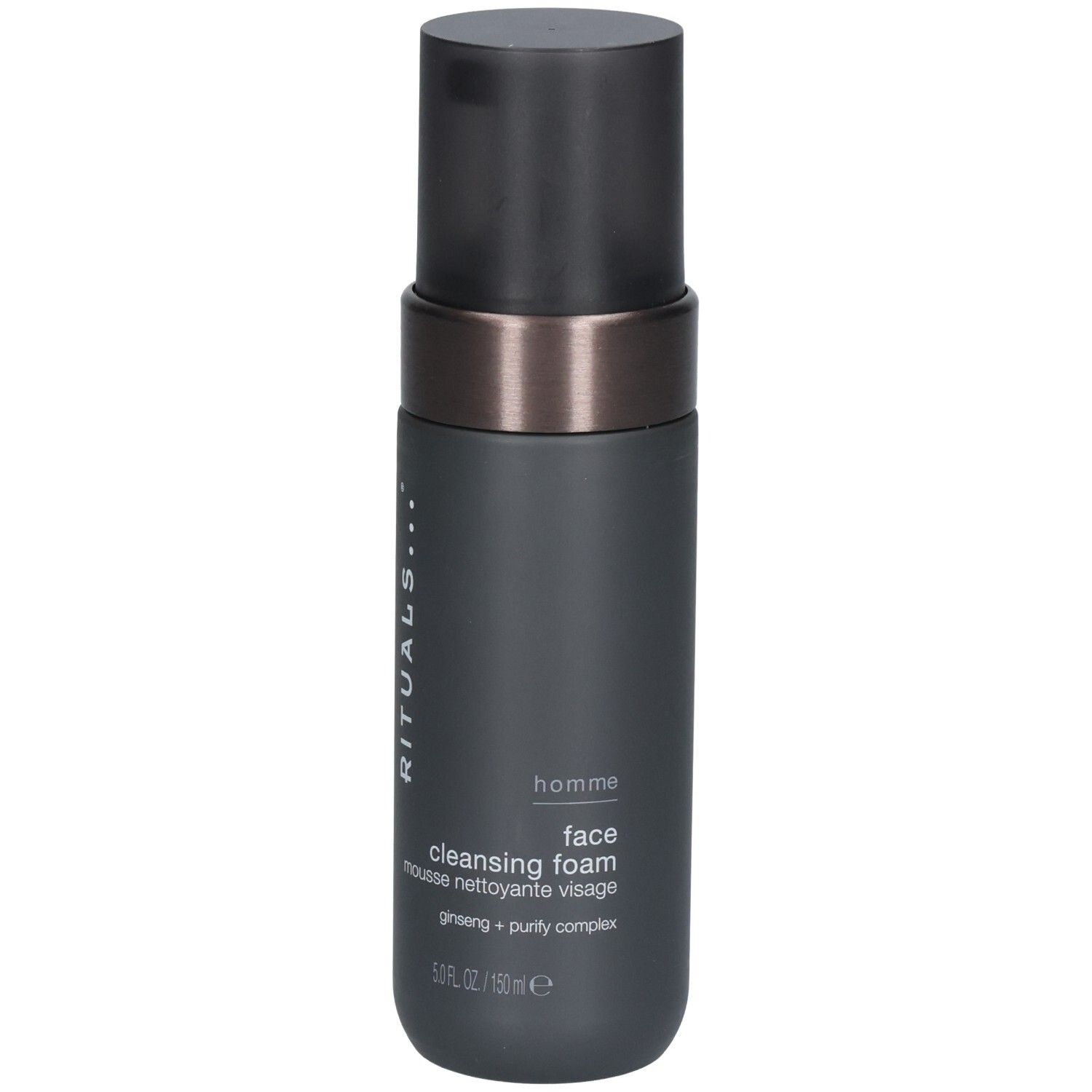 Distributeur foncé avec pompe noire et anneau argenté. Mousse nettoyante visage RITUALS Homme.