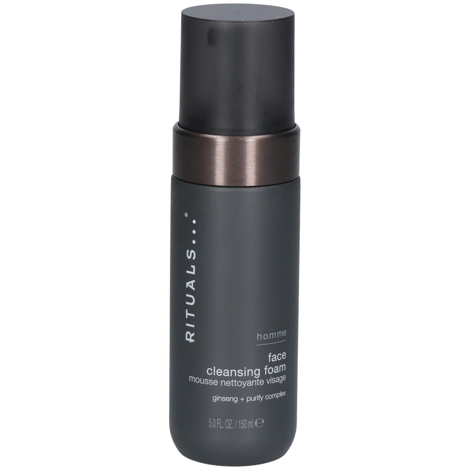 Distributeur foncé avec pompe noire et anneau argenté. Mousse nettoyante visage RITUALS Homme.