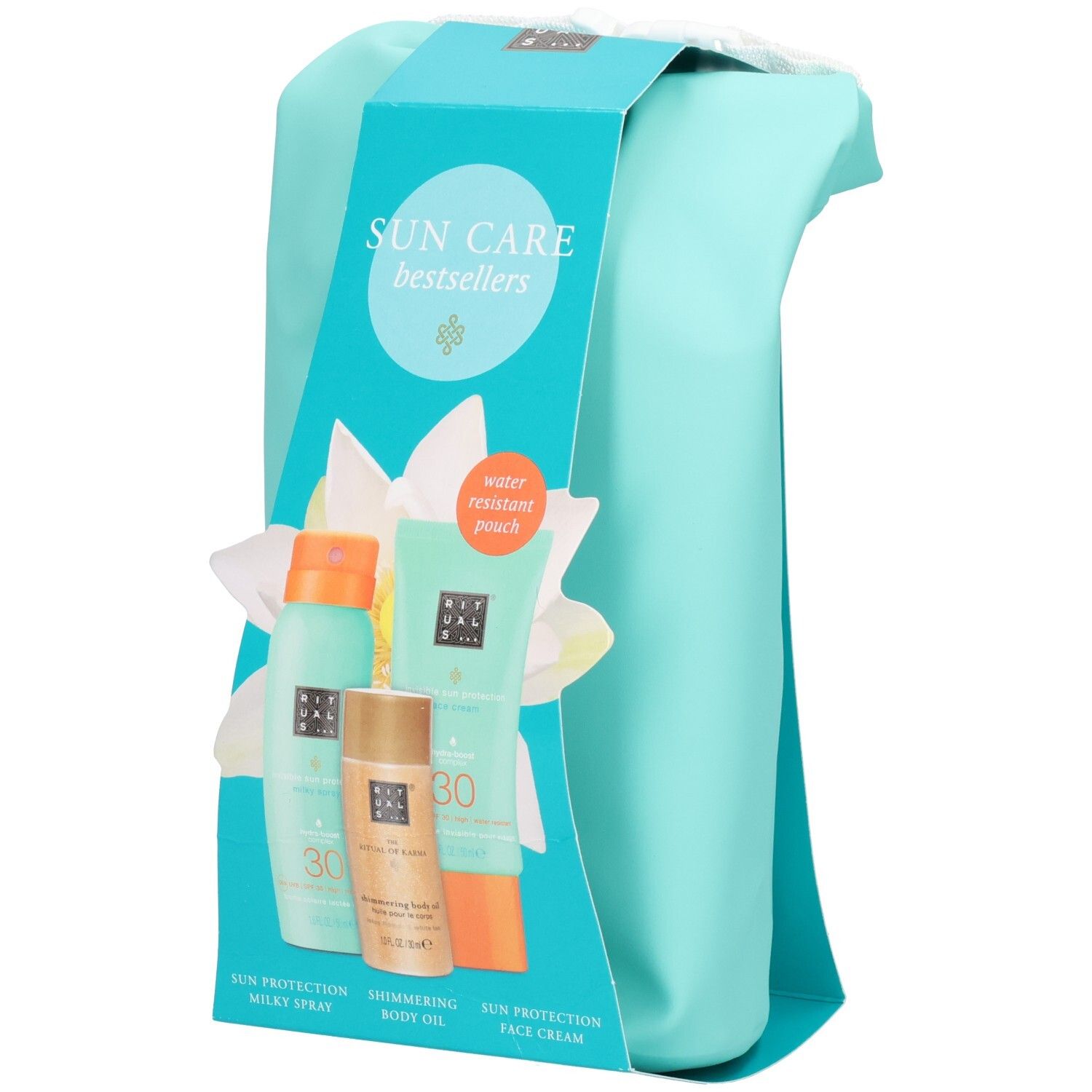 Set RITUALS Sun Care Bestsellers avec spray lacté solaire, huile corporelle et crème visage dans une pochette résistante à l'eau.