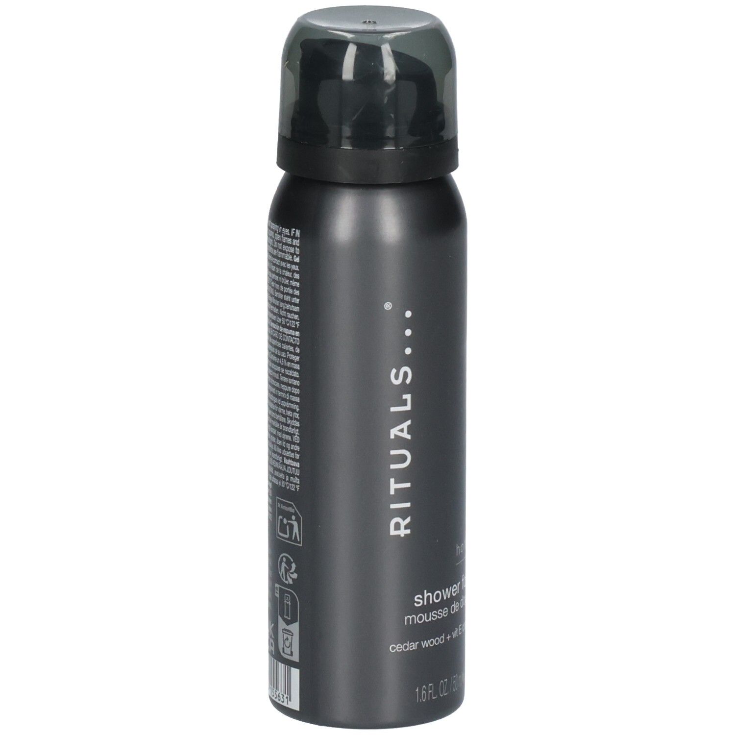 Flacon de mousse de douche avec bouchon noir. Marque : RITUALS. "homme shower foam" et "cedar wood + vit E complex" sont imprimés sur le devant.