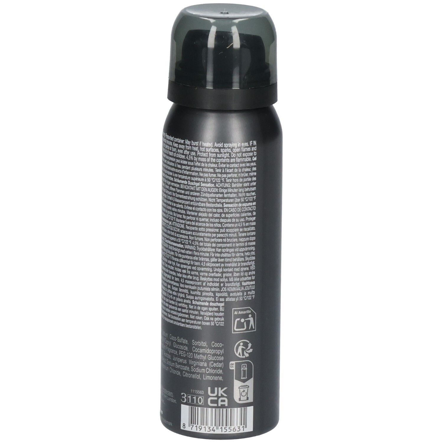 Arrière d'un flacon de mousse de douche avec instructions d'utilisation détaillées et liste des ingrédients en plusieurs langues.