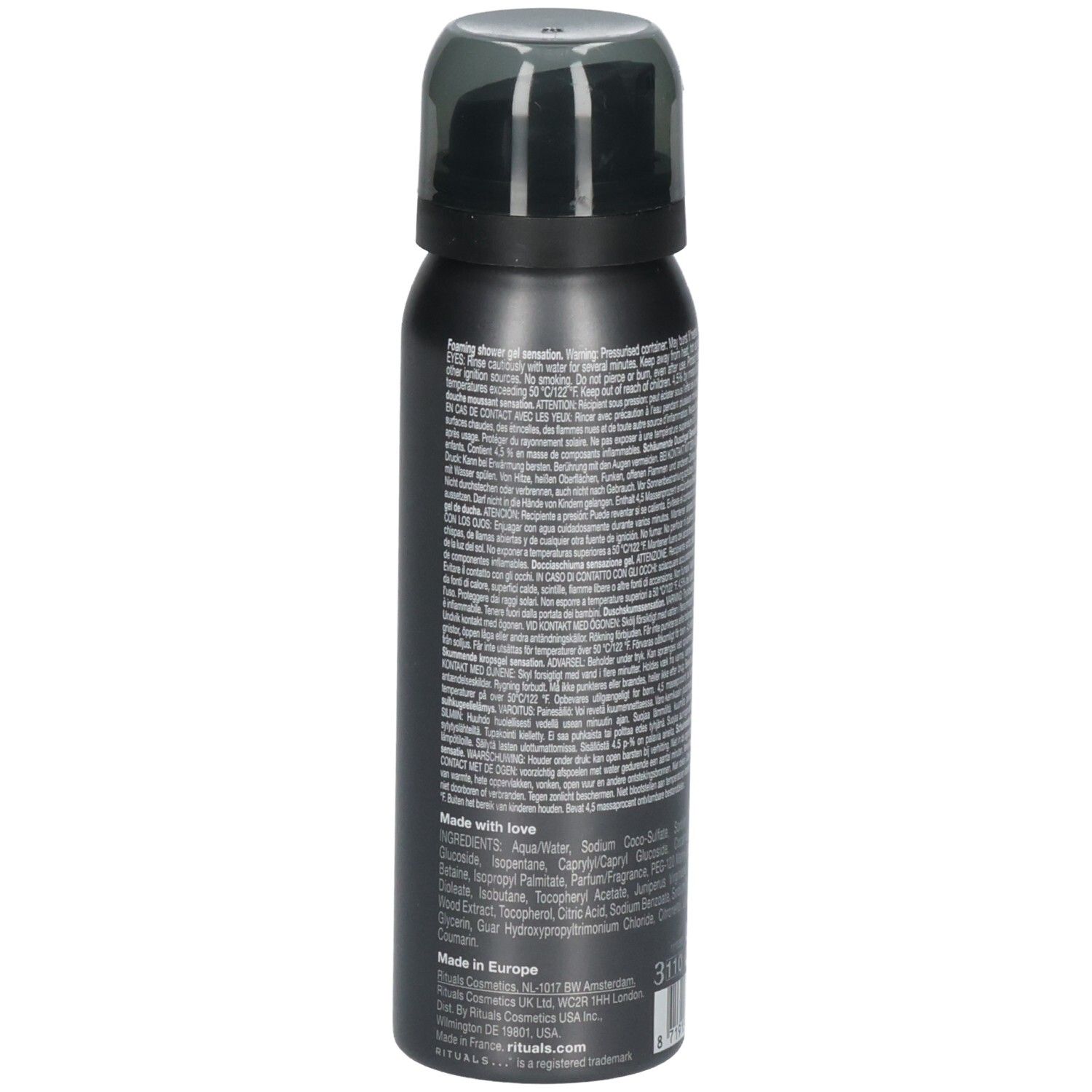 Vue latérale d'un flacon de mousse de douche. Contient des informations sur la fabrication et les ingrédients.
