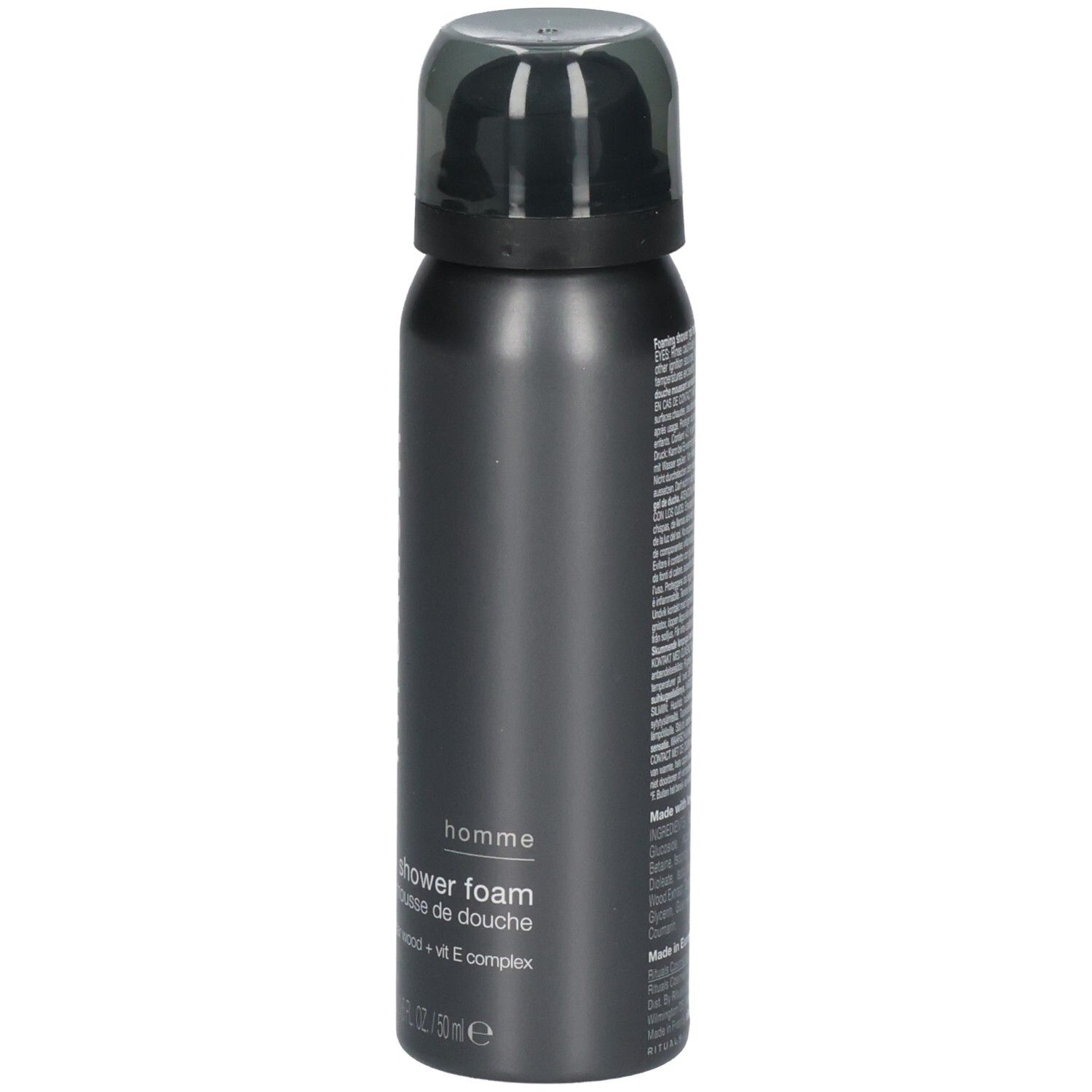 Vue latérale d'un flacon de mousse de douche avec bouchon noir. Le devant indique la marque RITUALS et les informations sur le produit.