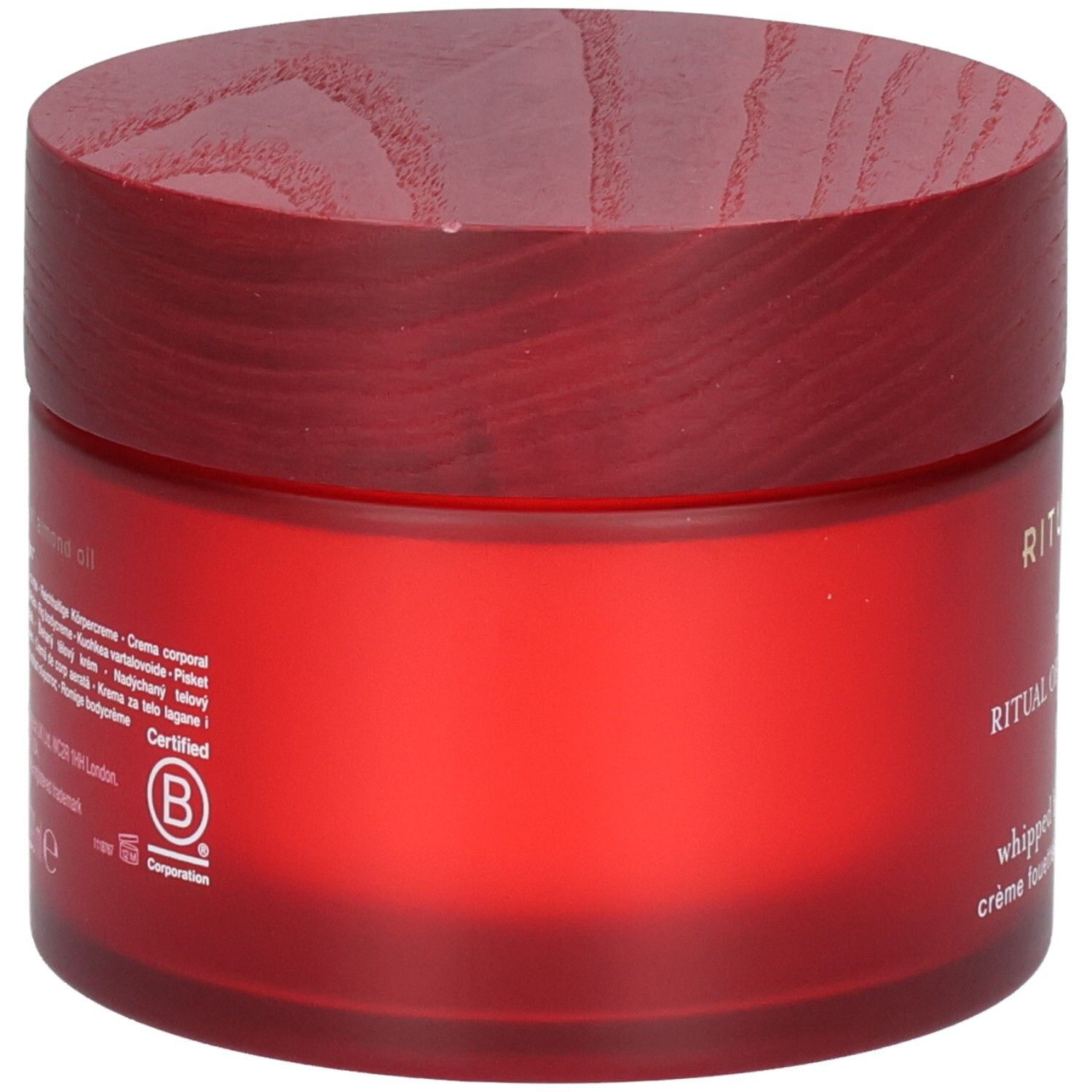Arrière du pot RITUALS The Ritual of Ayurveda Body Cream avec ingrédients et certification B Corp.