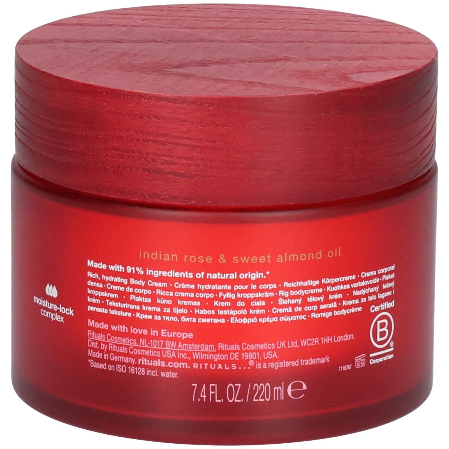 Arrière du pot RITUALS The Ritual of Ayurveda Body Cream avec informations détaillées sur le produit et indication de 220ml.