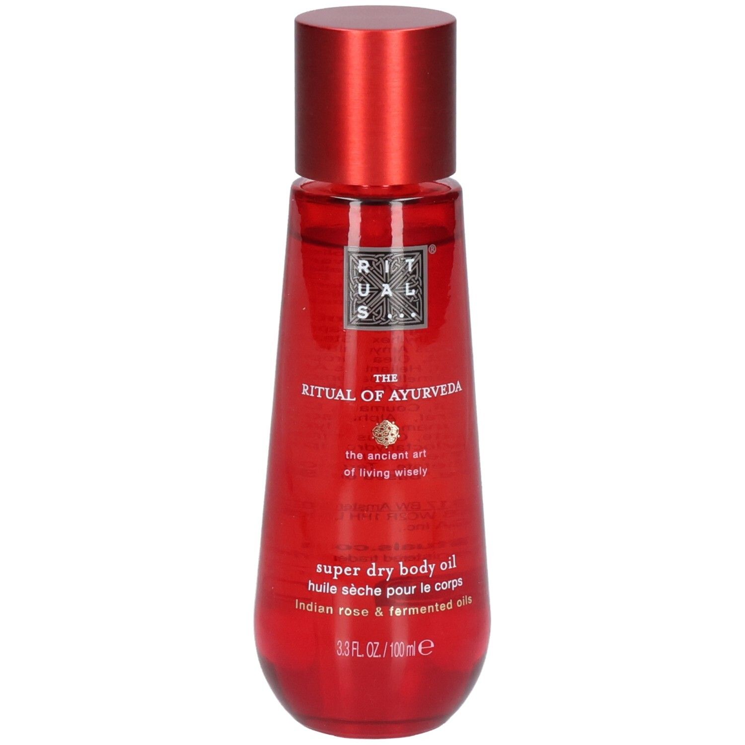 Bouteille rouge avec bouchon rouge, RITUALS The Ritual of Ayurveda Super Dry Body Oil.