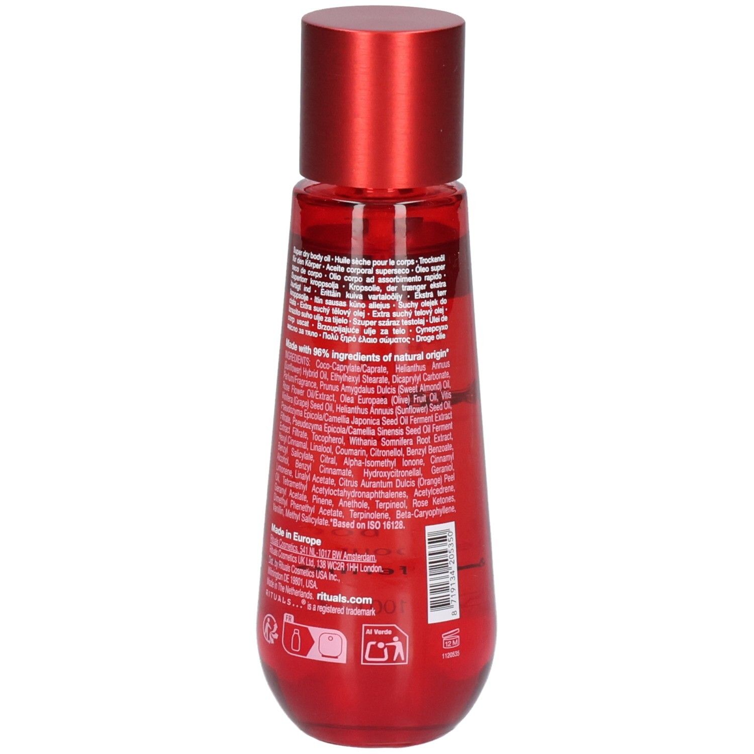 Bouteille rouge avec bouchon rouge, dos avec ingrédients et code-barres. RITUALS The Ritual of Ayurveda Super Dry Body Oil.