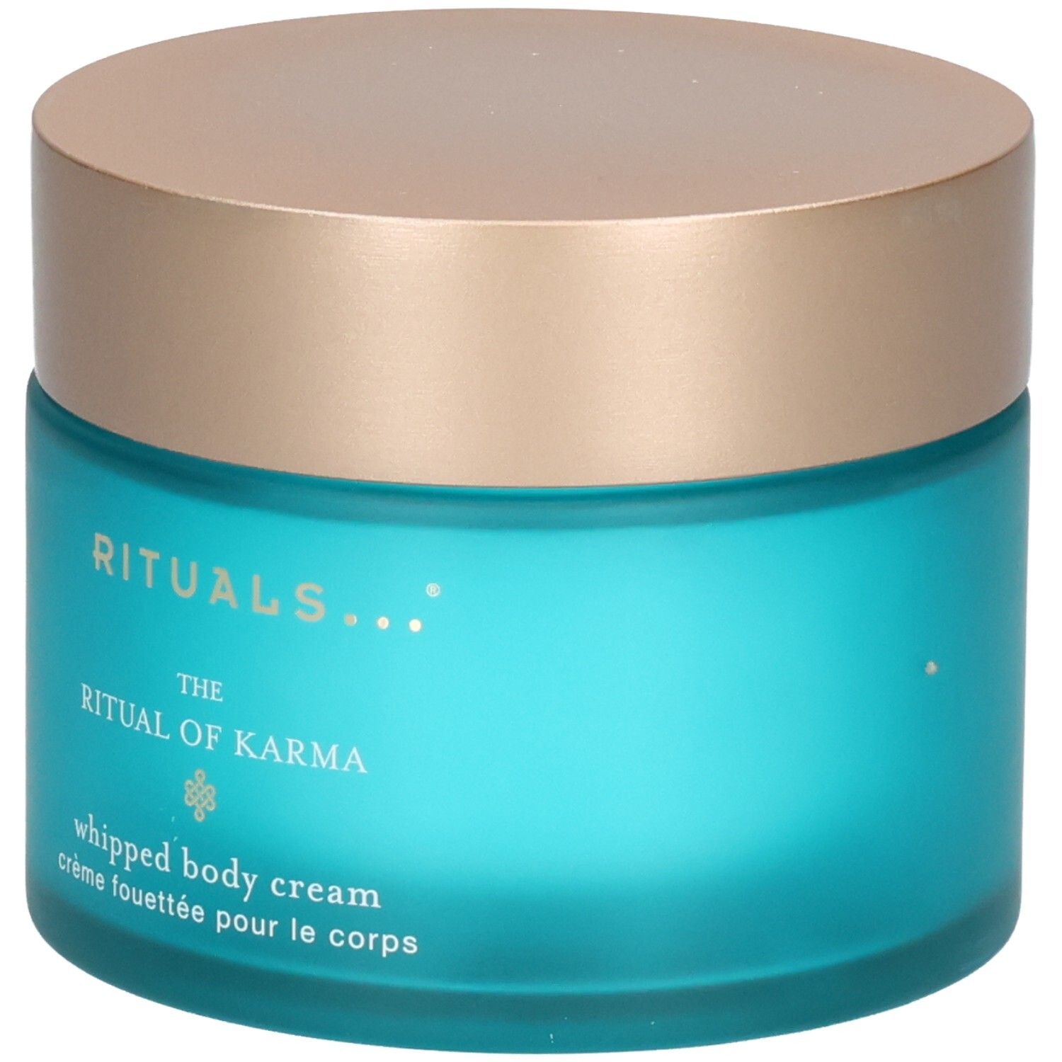 RITUALS The Ritual of Karma Crème Corps Fouettée dans un pot en verre bleu avec un couvercle doré.