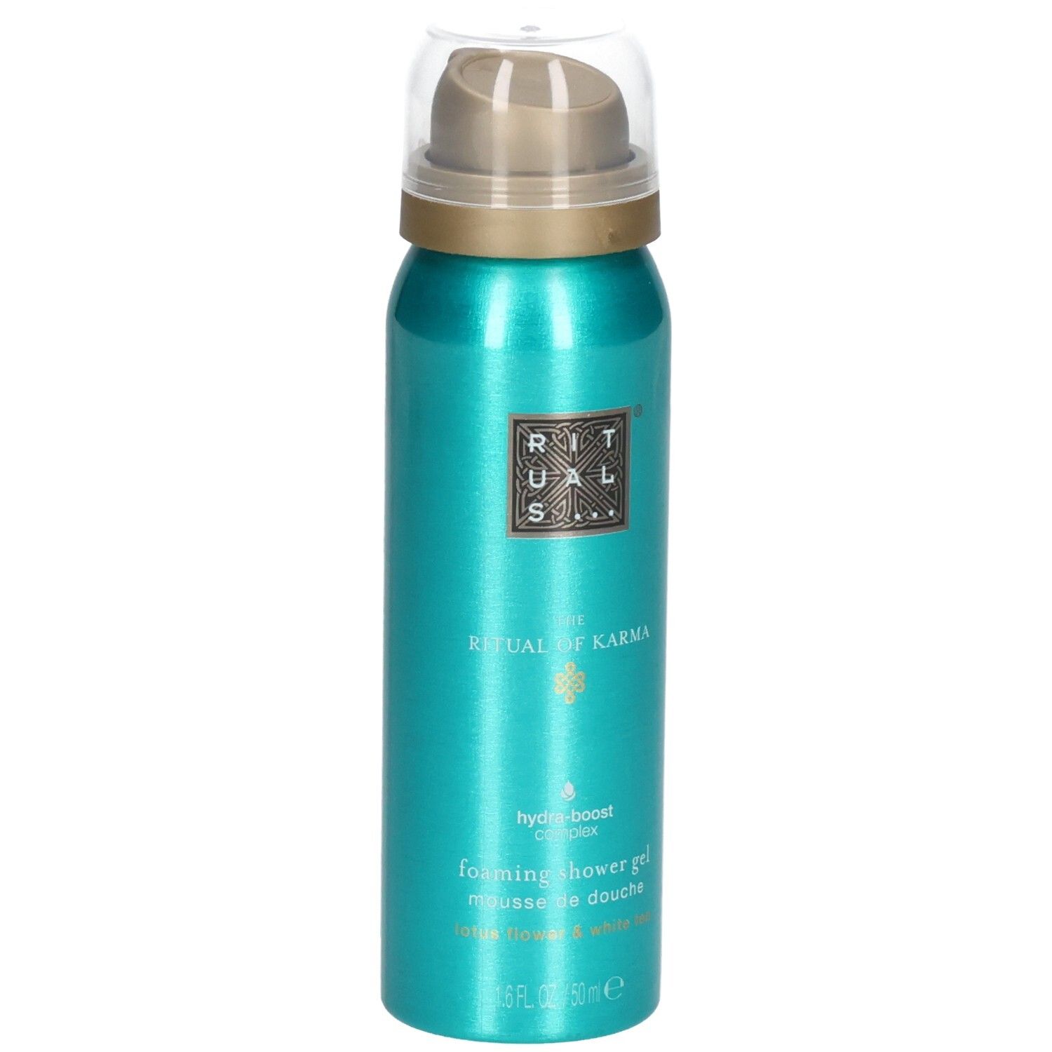 Flacon de gel douche turquoise avec pompe et capuchon transparent. Anneau doré sous la pompe.