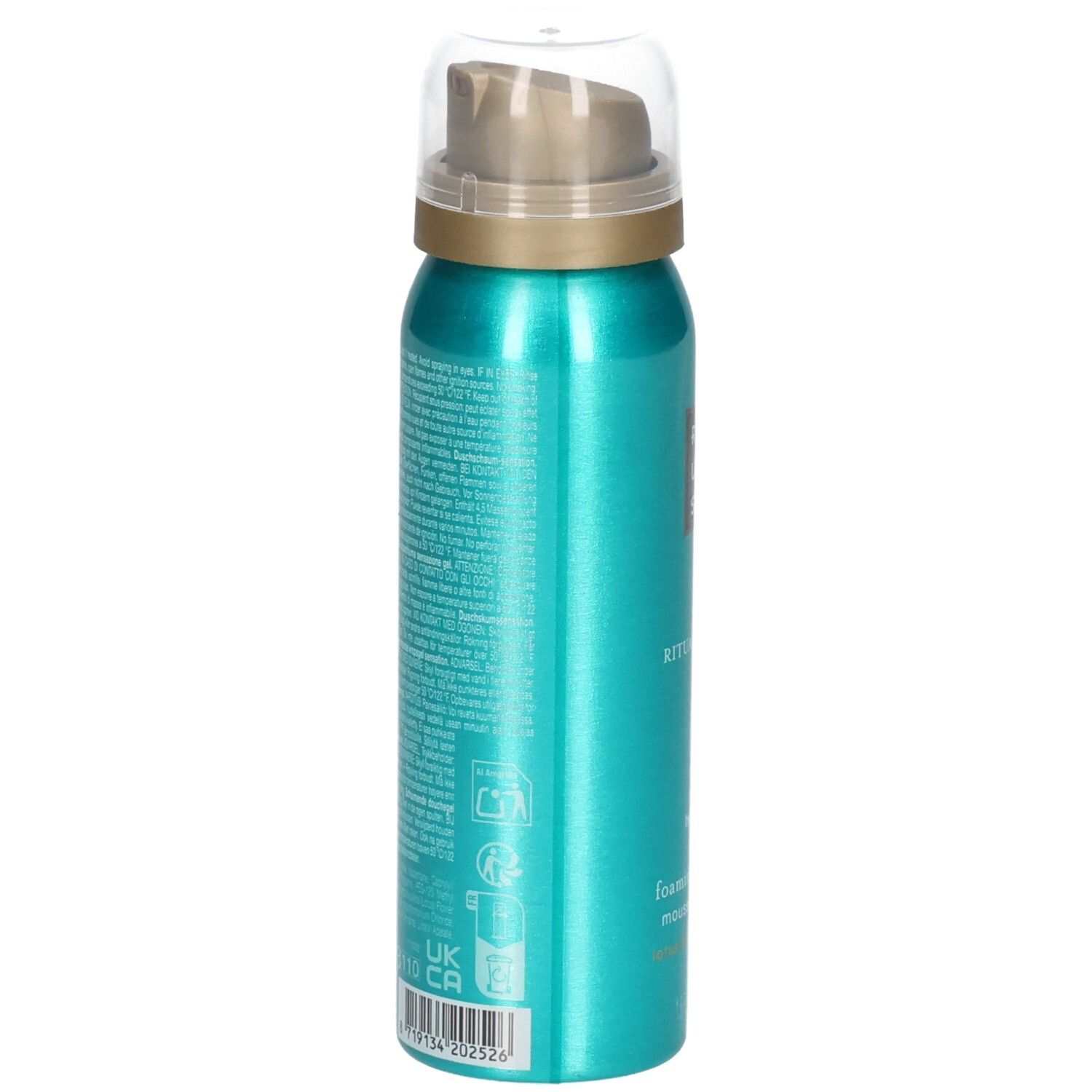 Arrière d'un flacon de gel douche turquoise avec informations détaillées sur le produit et code-barres.
