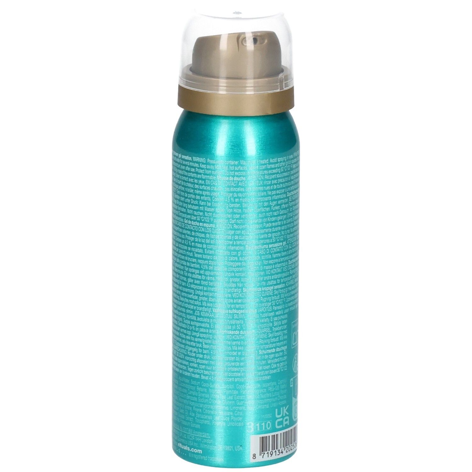 Vue latérale d'un flacon de gel douche turquoise avec pompe et capuchon transparent.