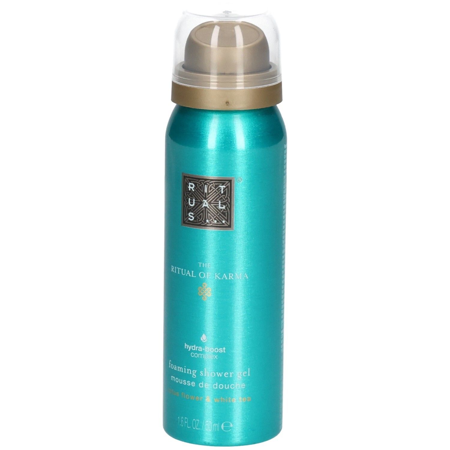 Flacon de gel douche turquoise avec pompe et capuchon transparent. Anneau doré sous la pompe.