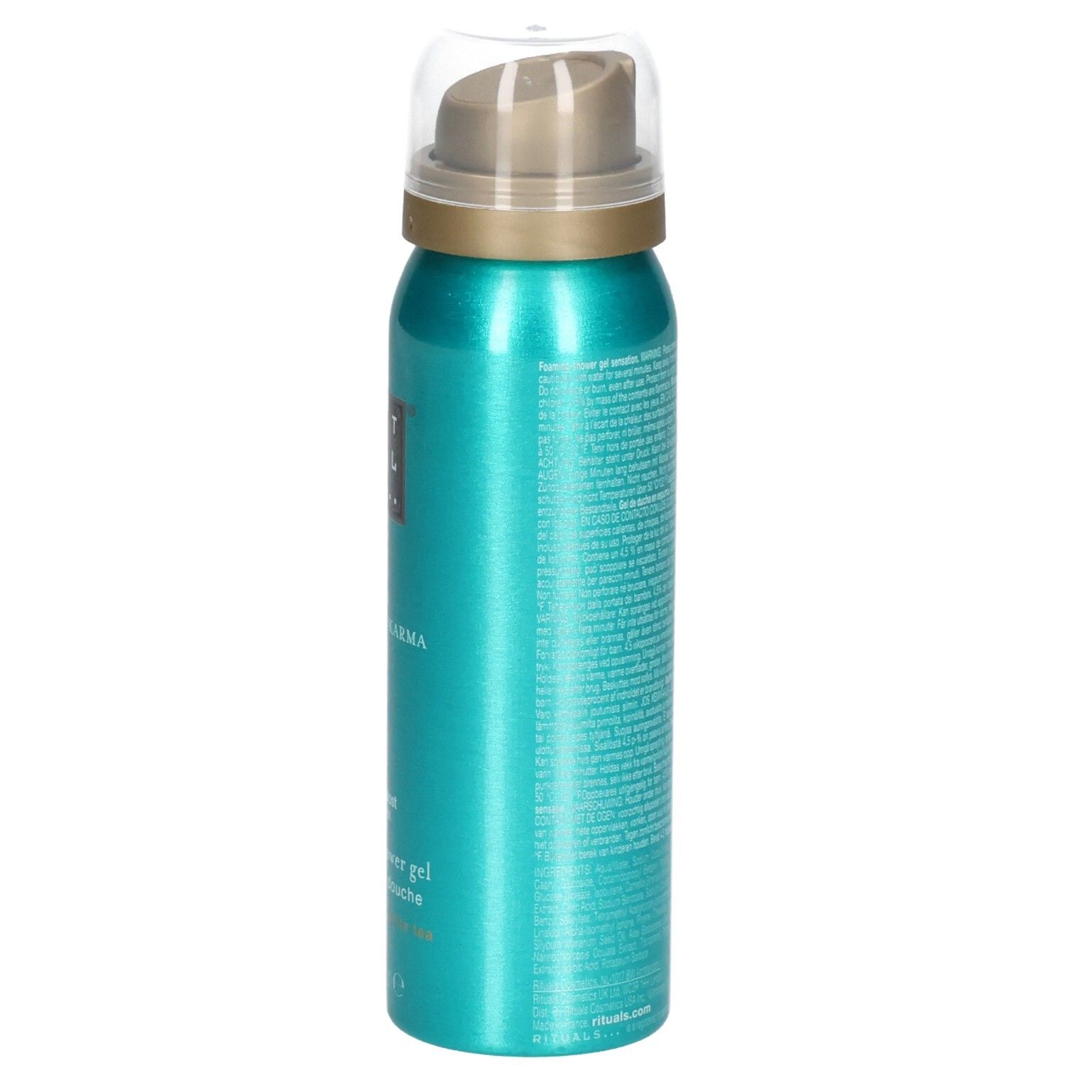 Vue latérale d'un flacon de gel douche turquoise avec pompe et capuchon transparent.