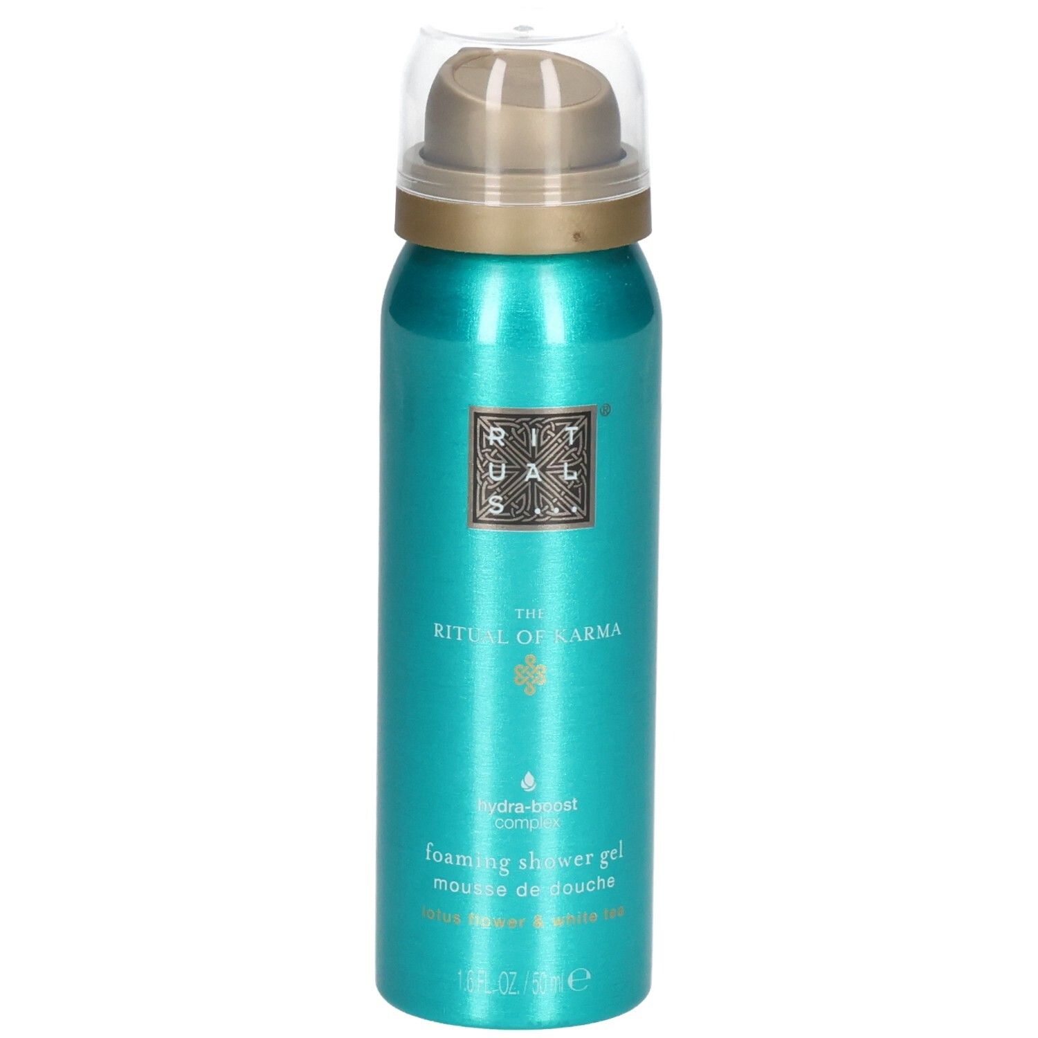 Flacon de gel douche turquoise avec pompe et capuchon transparent. Anneau doré sous la pompe.