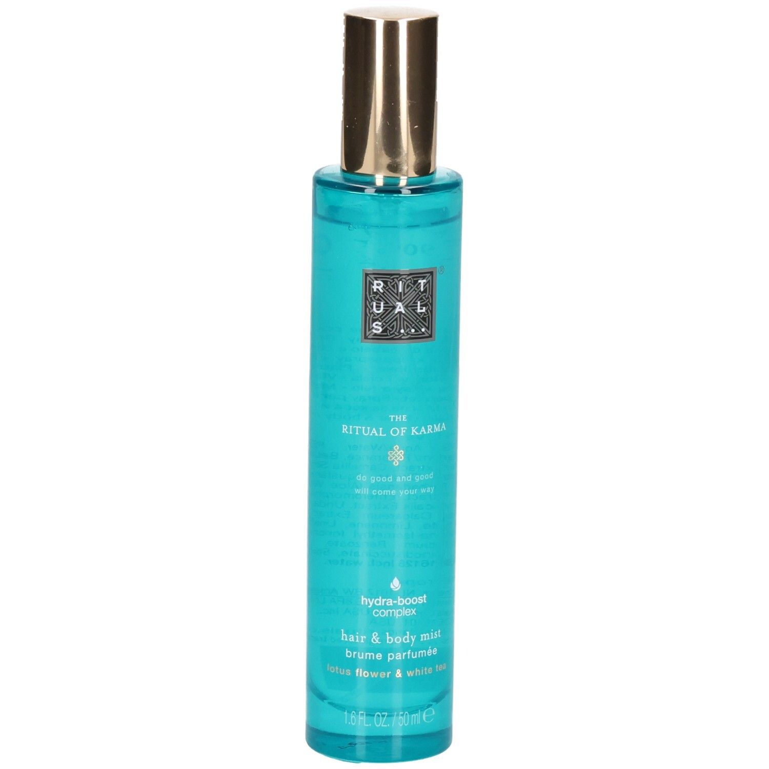 RITUALS The Ritual of Karma Brume Cheveux & Corps avec bouchon doré et liquide turquoise.