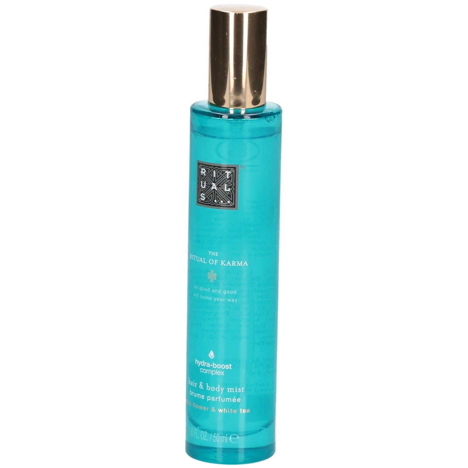 RITUALS The Ritual of Karma Brume Cheveux & Corps avec bouchon doré et liquide turquoise.