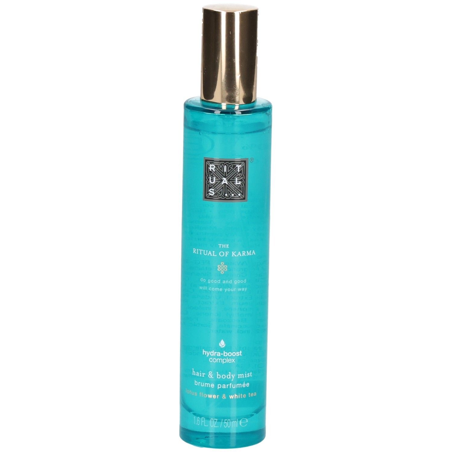 RITUALS The Ritual of Karma Brume Cheveux & Corps avec bouchon doré et liquide turquoise.