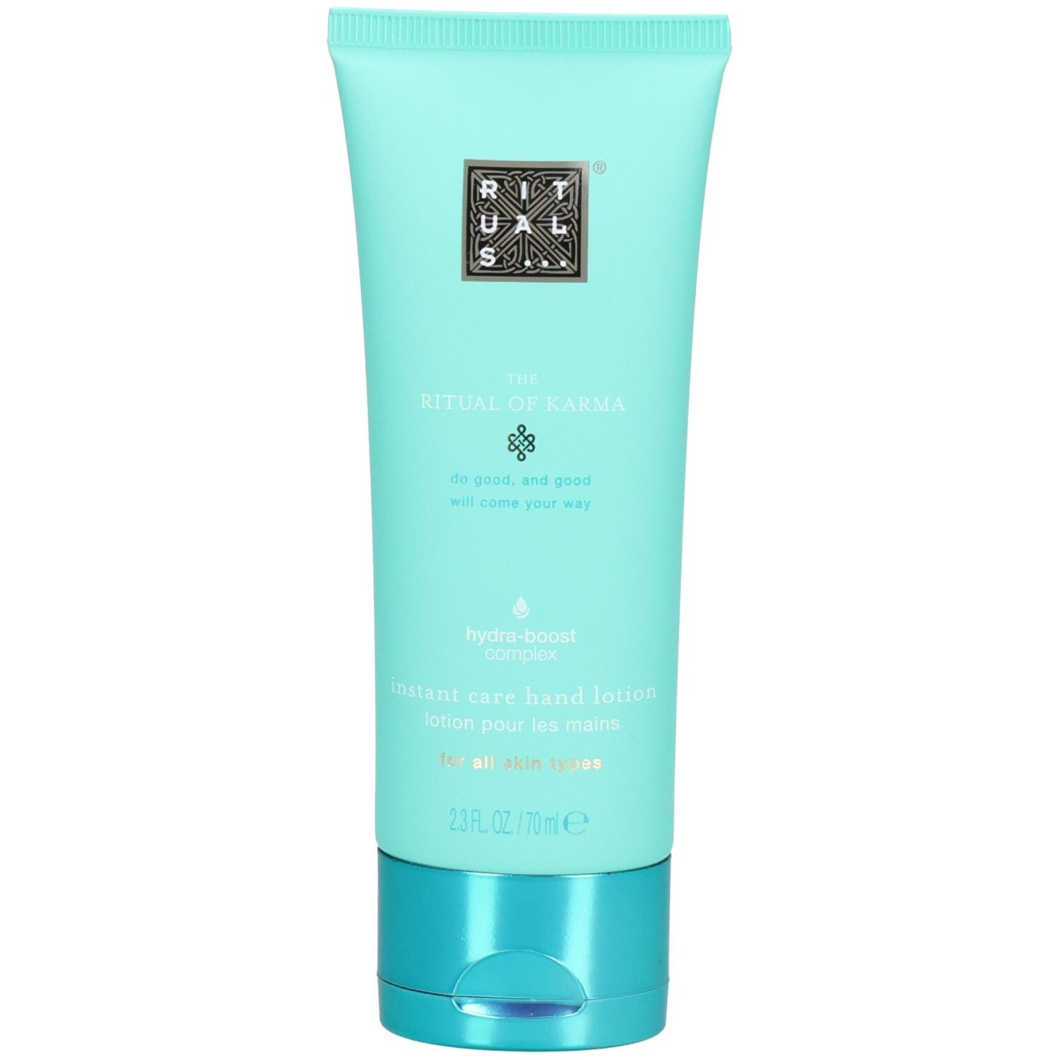 Tube turquoise avec inscription RITUALS The Ritual of Karma Hand Lotion et Hydra-Boost Complex.