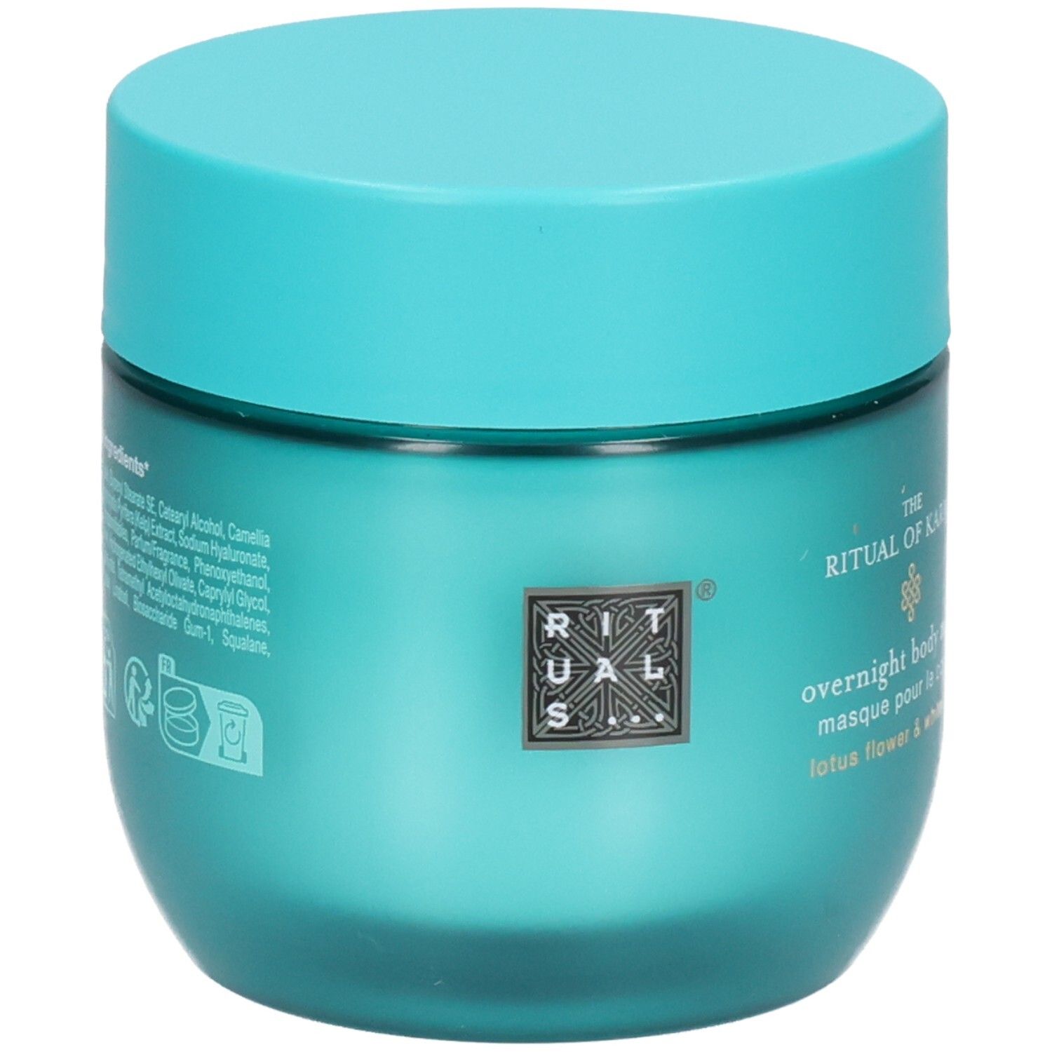 RITUALS The Ritual of Karma Overnight Body Mask dans un pot turquoise avec logo argenté.