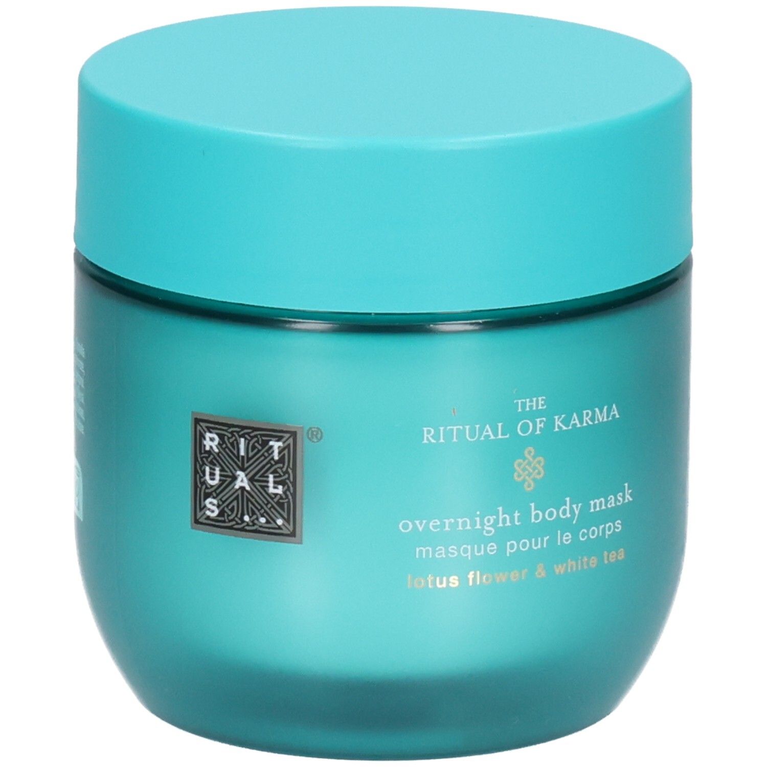 RITUALS The Ritual of Karma Overnight Body Mask, pot turquoise avec nom du produit et logo.