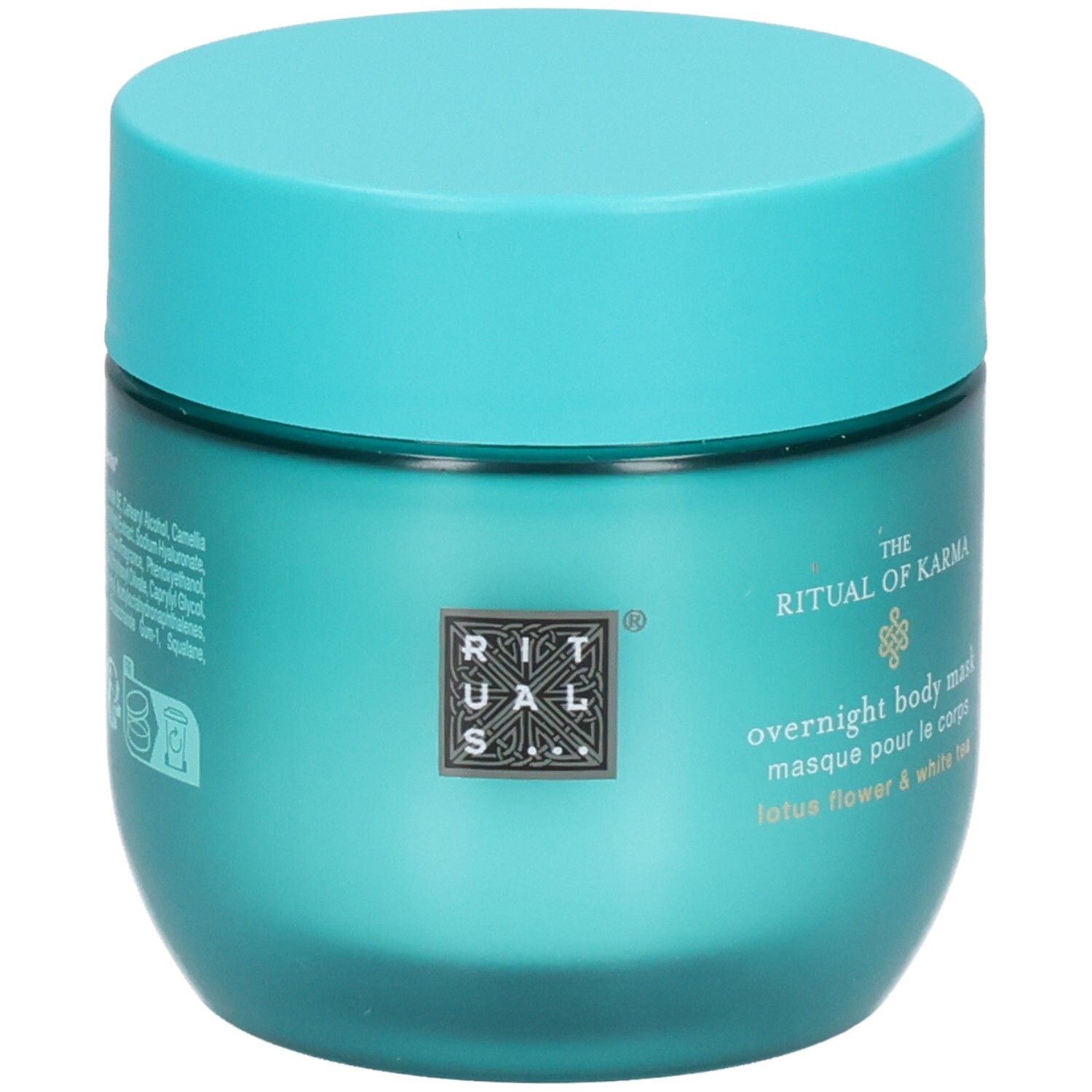 RITUALS The Ritual of Karma Overnight Body Mask, pot turquoise avec logo et nom du produit.
