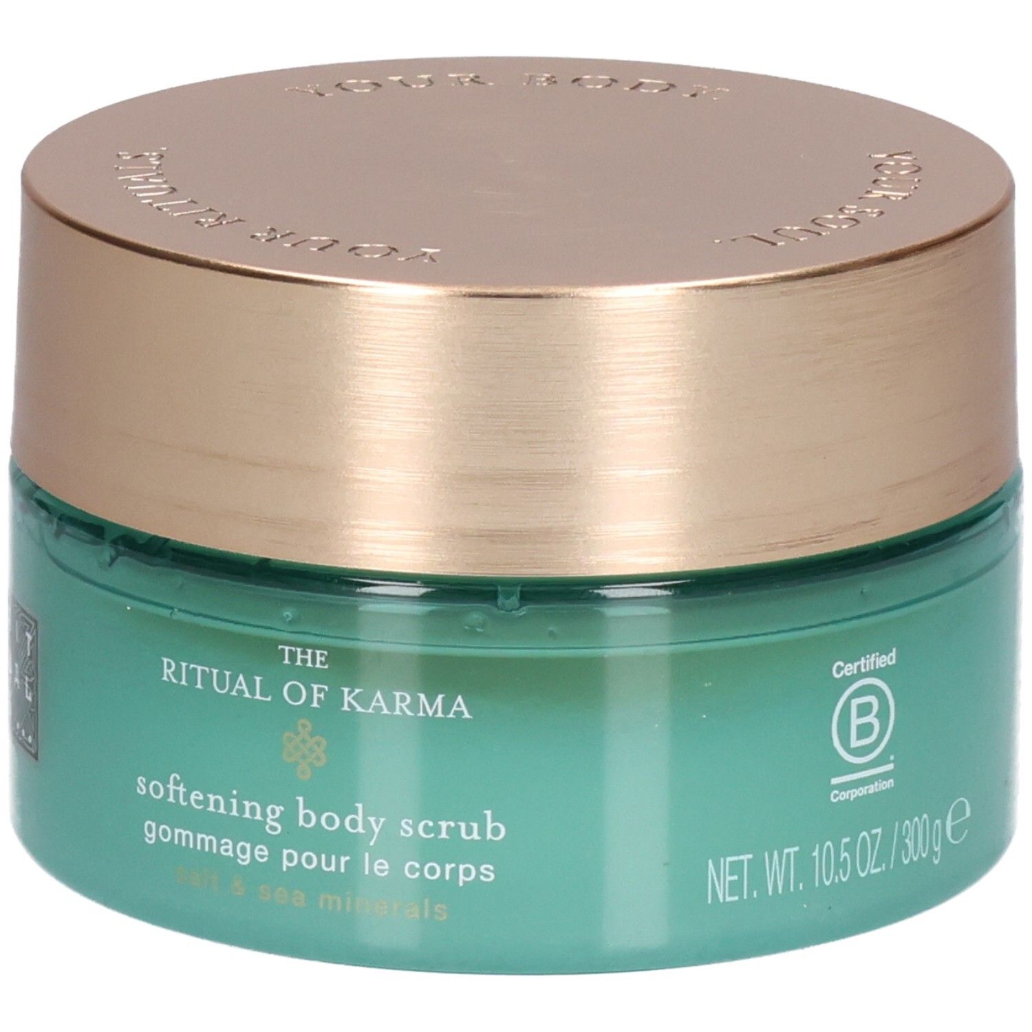 Gommage corporel RITUALS The Ritual of Karma aux sels et minéraux marins, 300g, certifié B Corp.