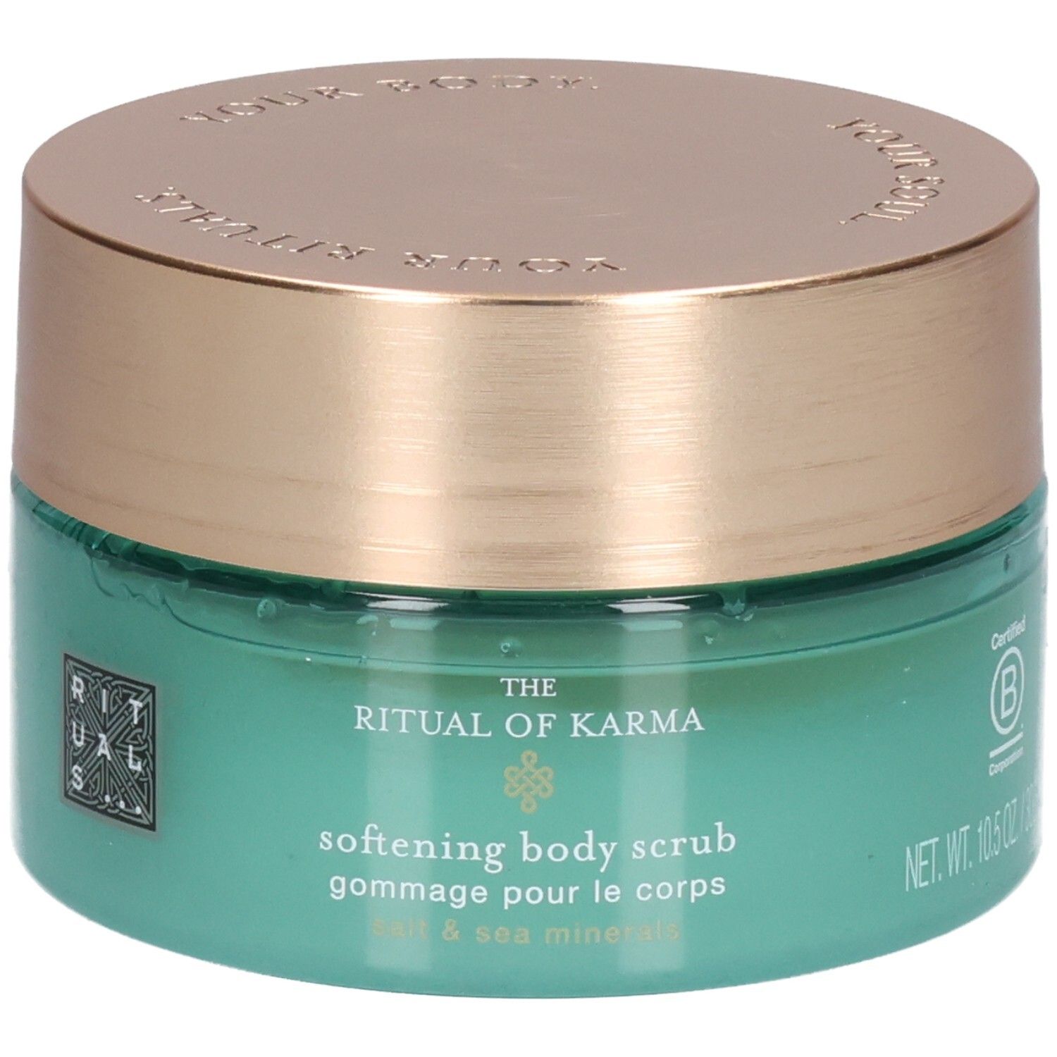 Gommage corporel RITUALS The Ritual of Karma aux sels et minéraux marins, 300g, certifié B Corp.