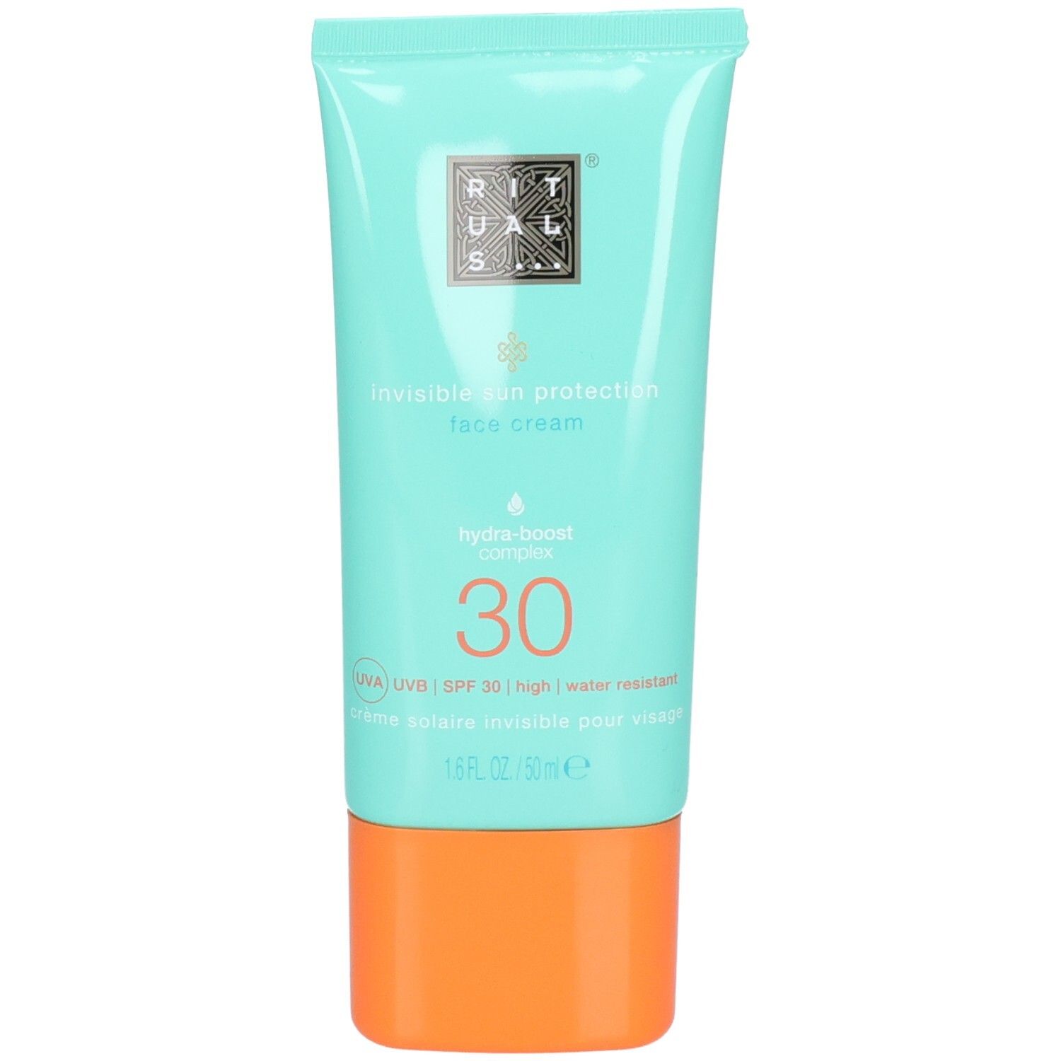 Tube turquoise avec bouchon orange. Crème visage protection solaire SPF 30.