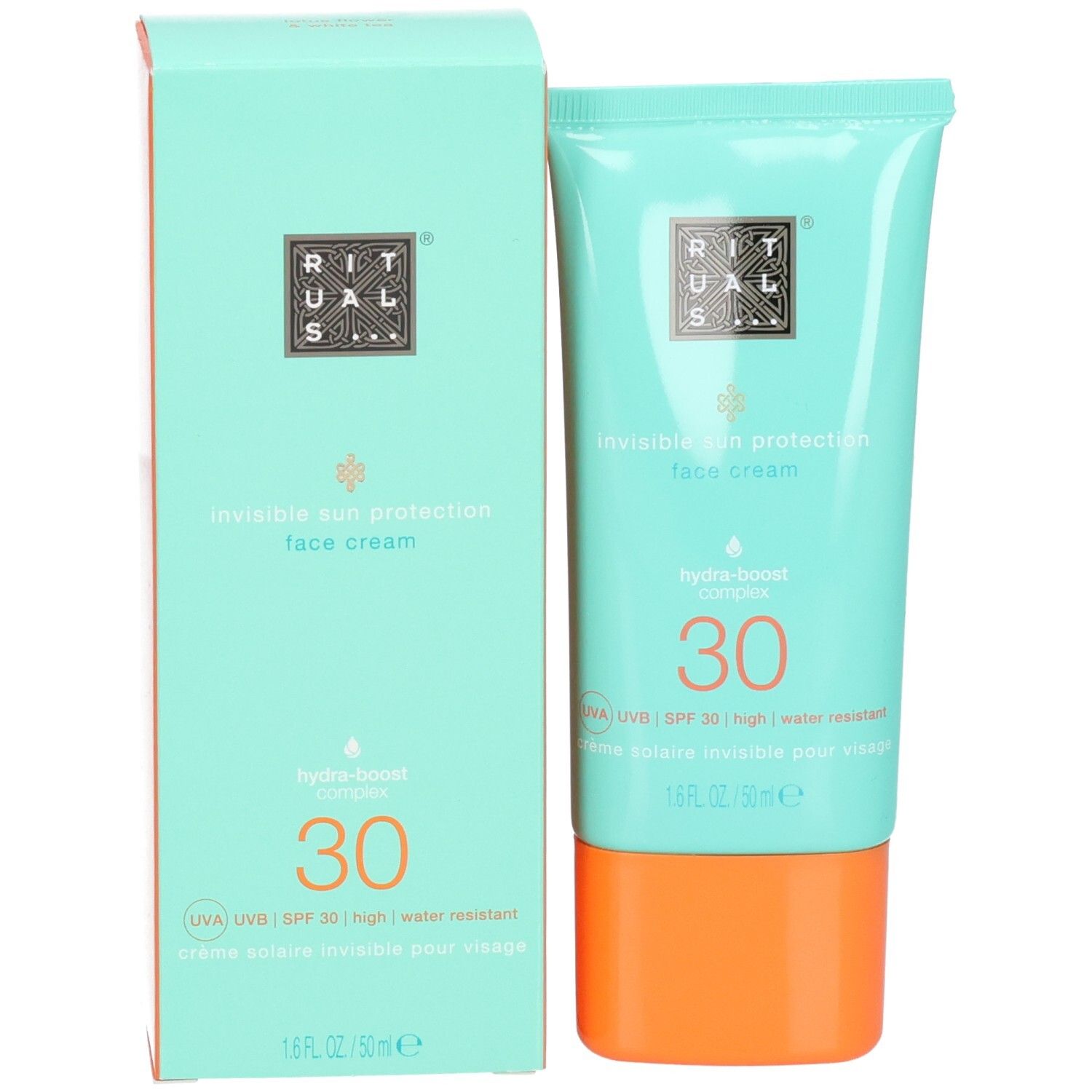 Boîte pliante turquoise et tube avec bouchon orange. Crème visage protection solaire SPF 30.