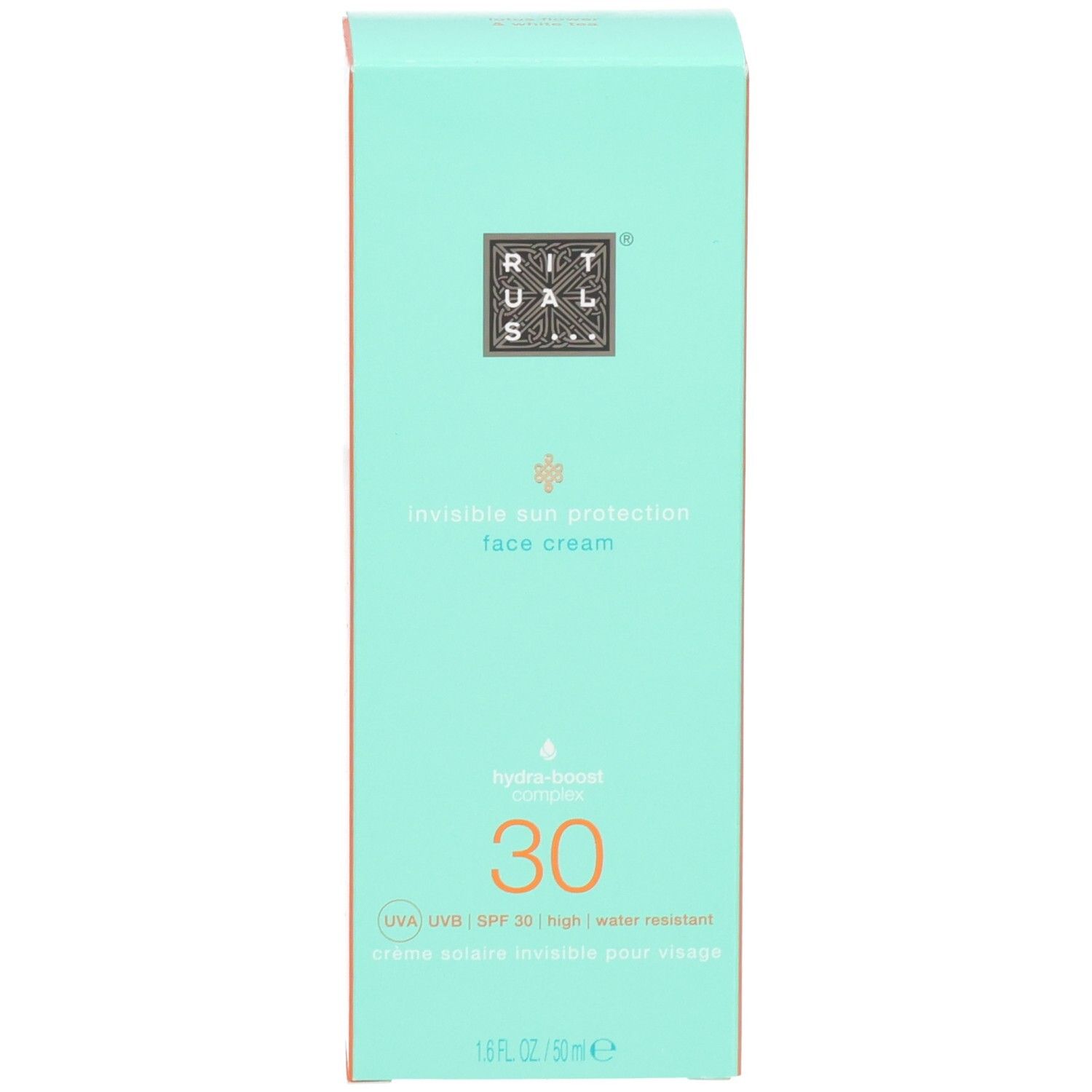 Boîte pliante turquoise avec face avant orange. Crème visage protection solaire SPF 30.
