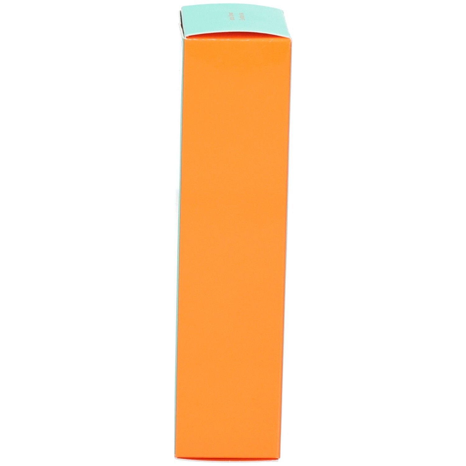 Vue latérale d'une boîte pliante turquoise et orange. Crème visage protection solaire SPF 30.
