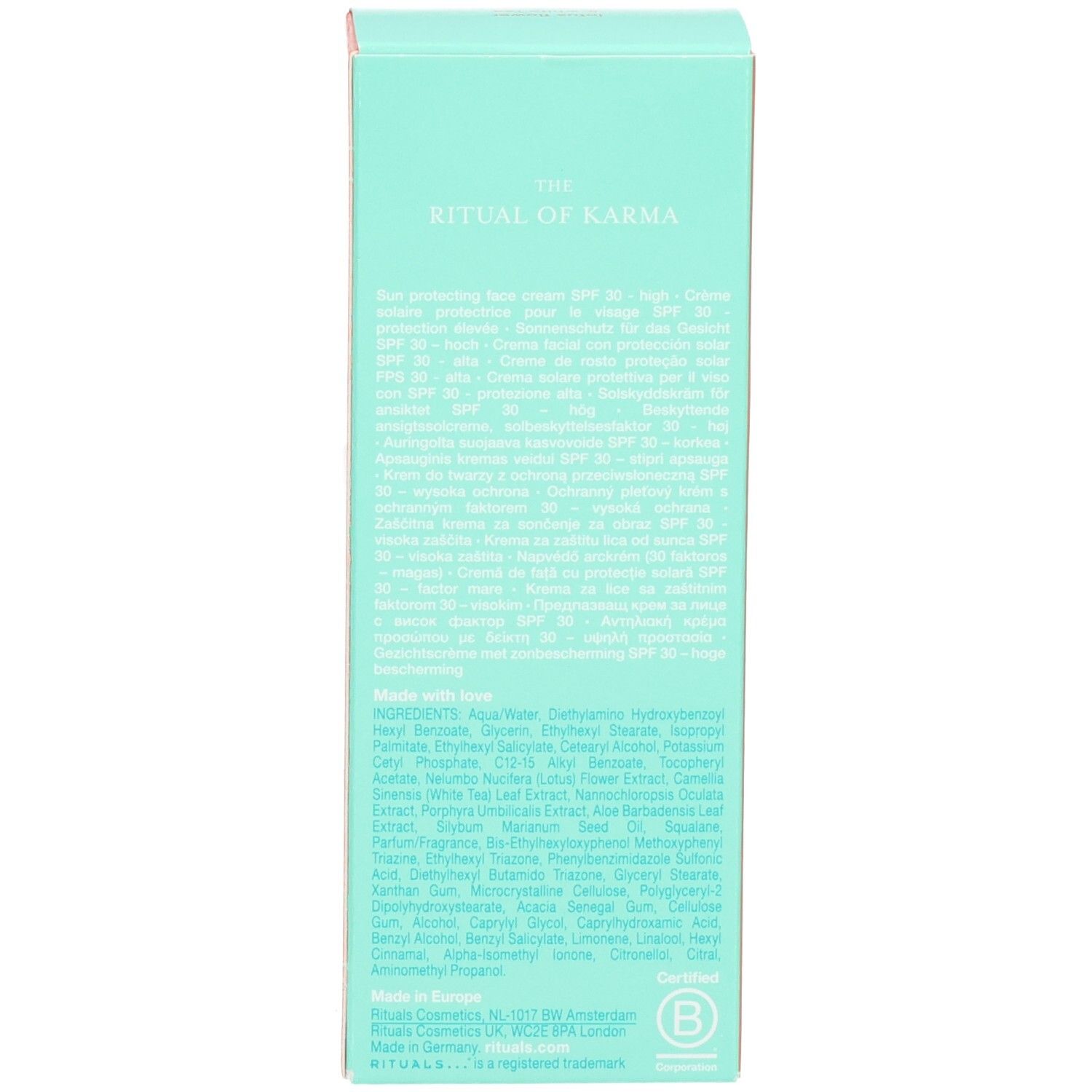 Vue latérale d'une boîte pliante turquoise et orange. Contient des informations produit.
