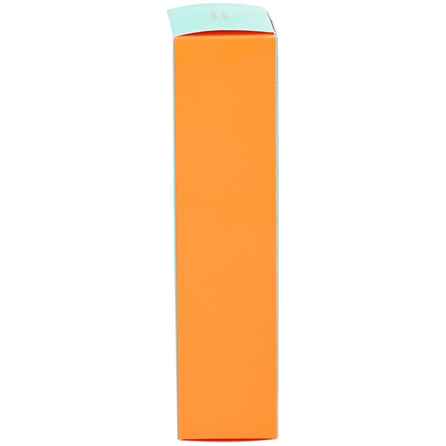 Arrière d'une boîte pliante turquoise avec côté orange. Contient des informations produit et ingrédients.