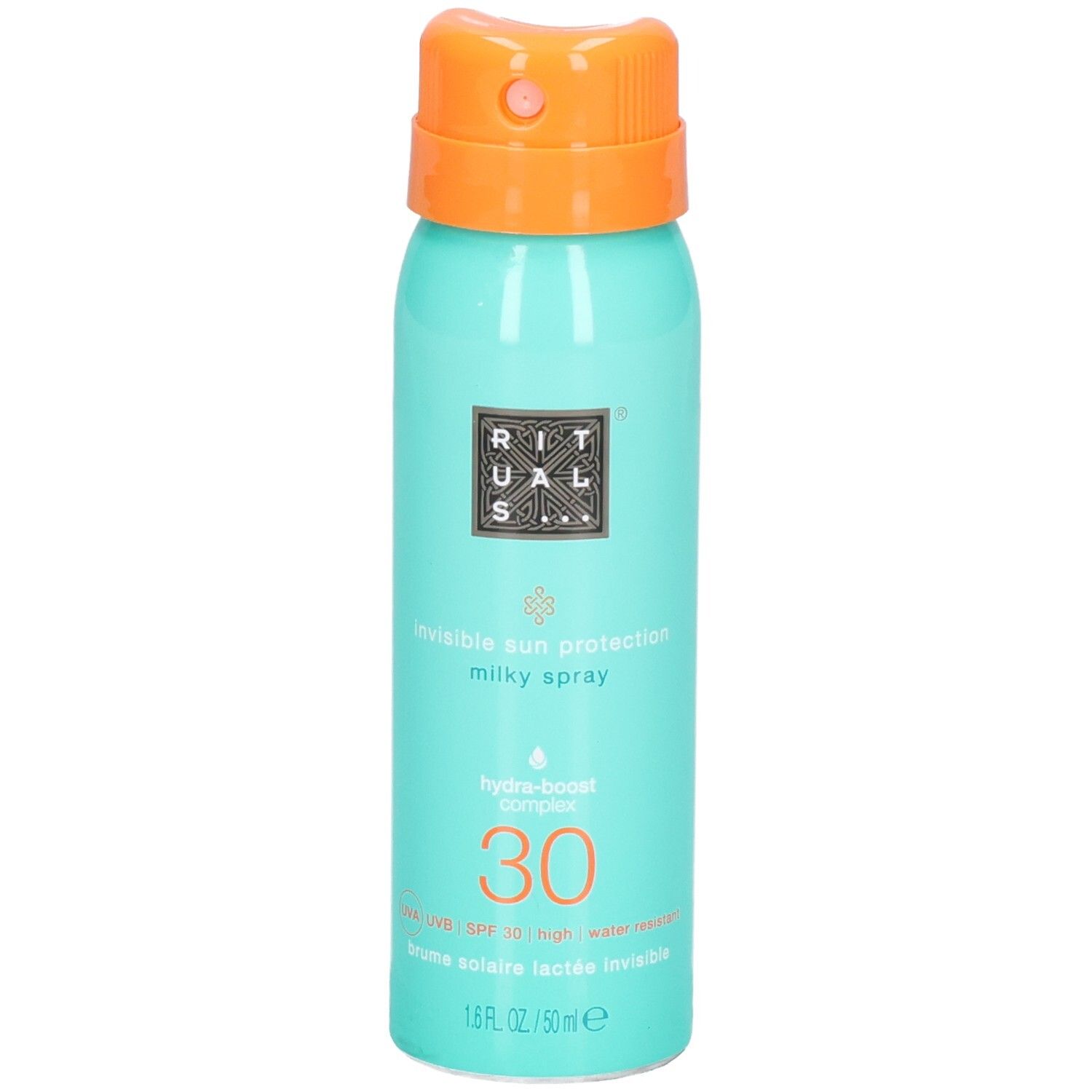 Spray solaire RITUALS SPF 30, flacon menthe avec tête de pulvérisation orange.