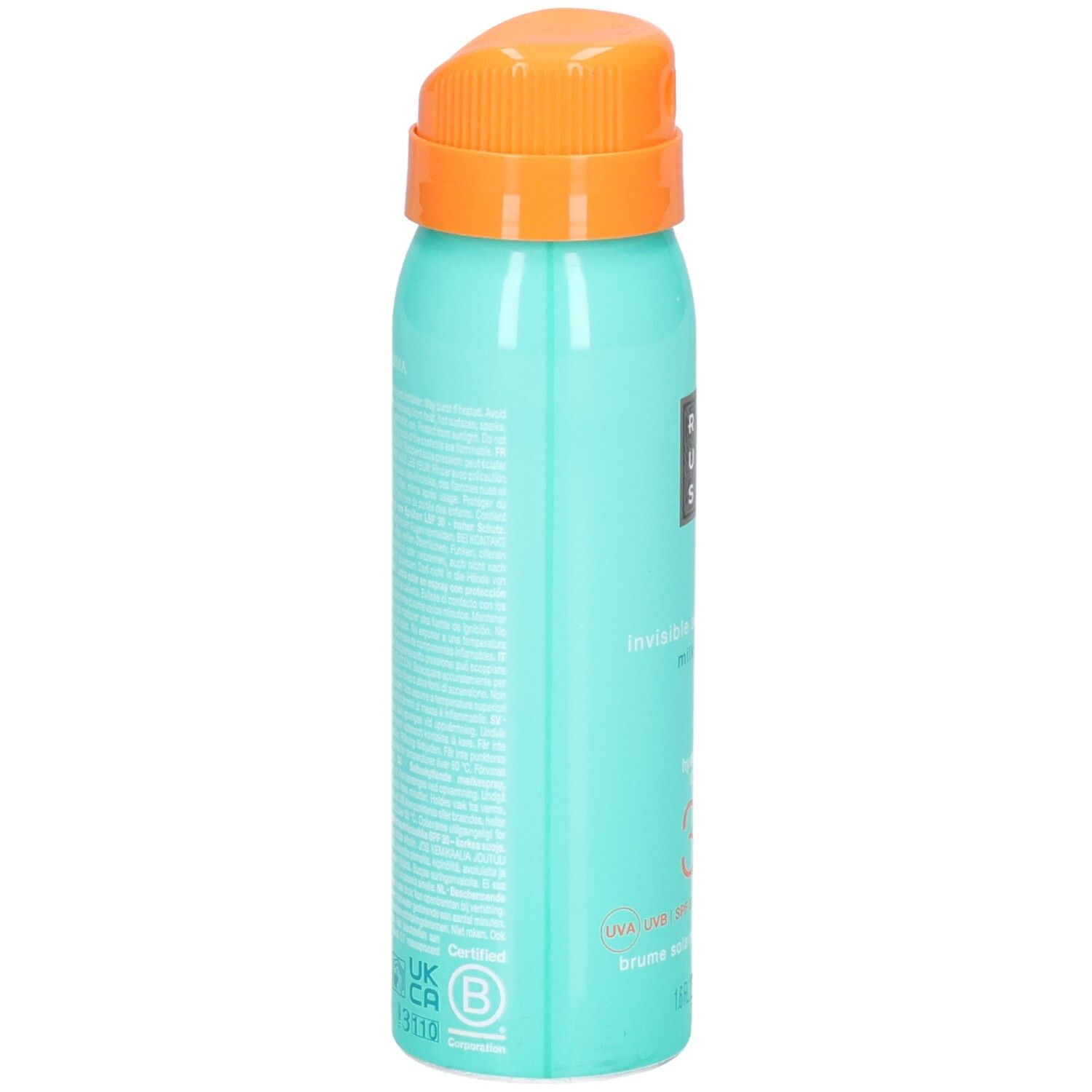 Arrière du spray solaire RITUALS SPF 30 avec informations produit.