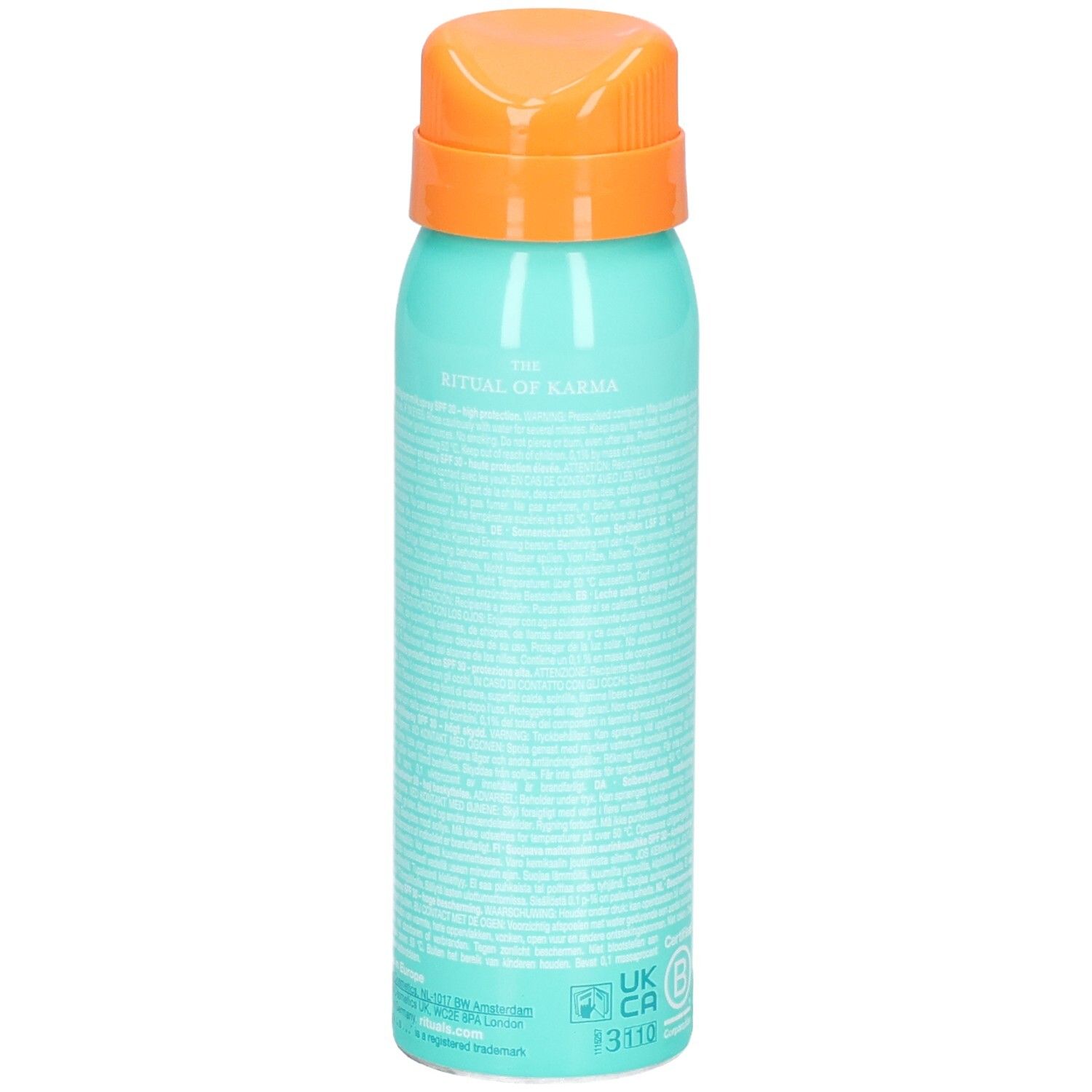 Arrière du spray solaire RITUALS SPF 30 avec texte.