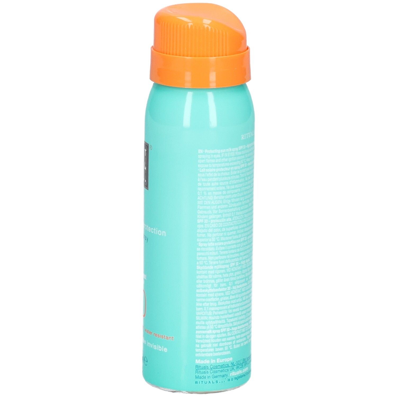 Arrière du spray solaire RITUALS SPF 30 avec texte et sceaux.