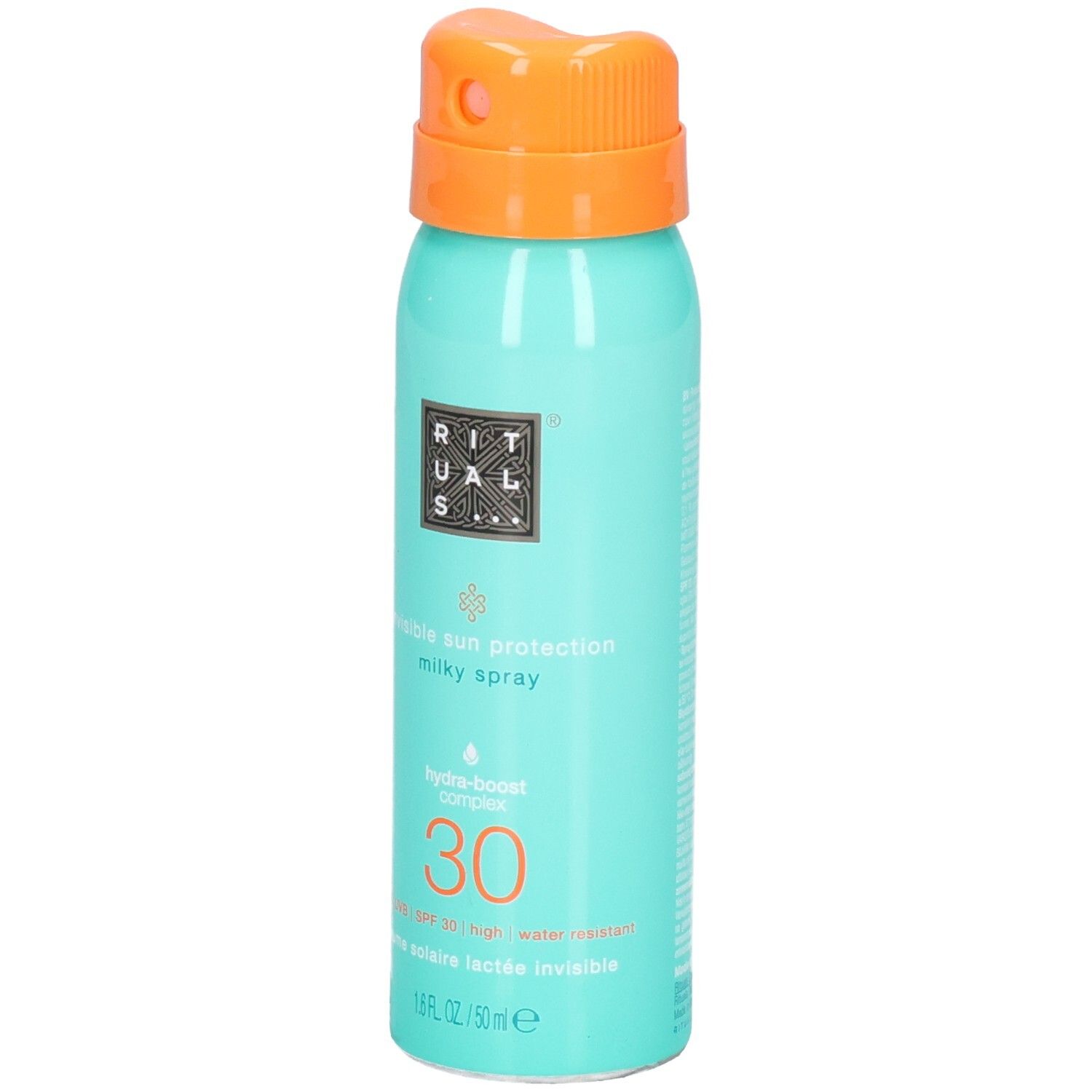 Spray solaire RITUALS SPF 30, flacon menthe avec tête de pulvérisation orange.