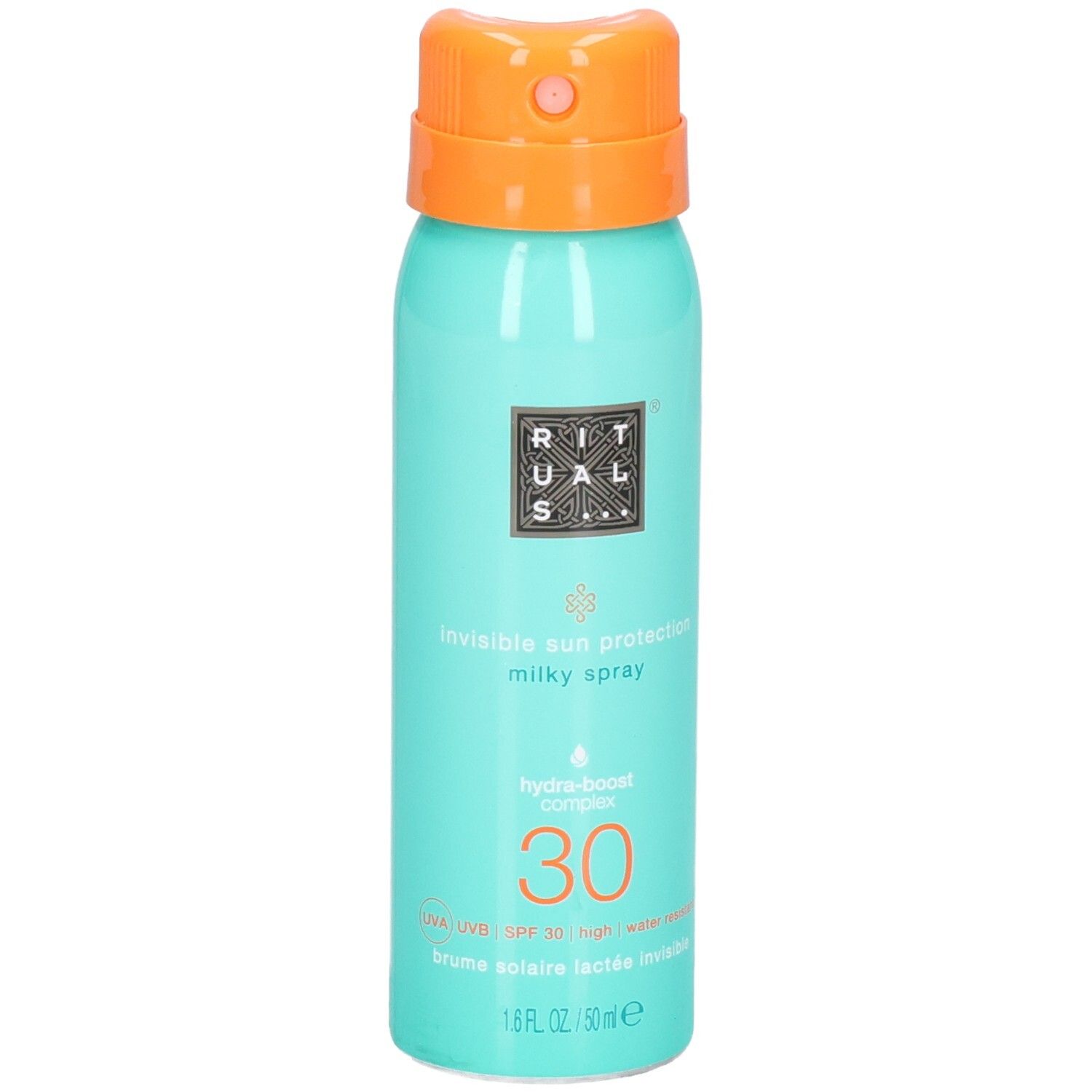 Spray solaire RITUALS SPF 30, flacon menthe avec tête de pulvérisation orange.
