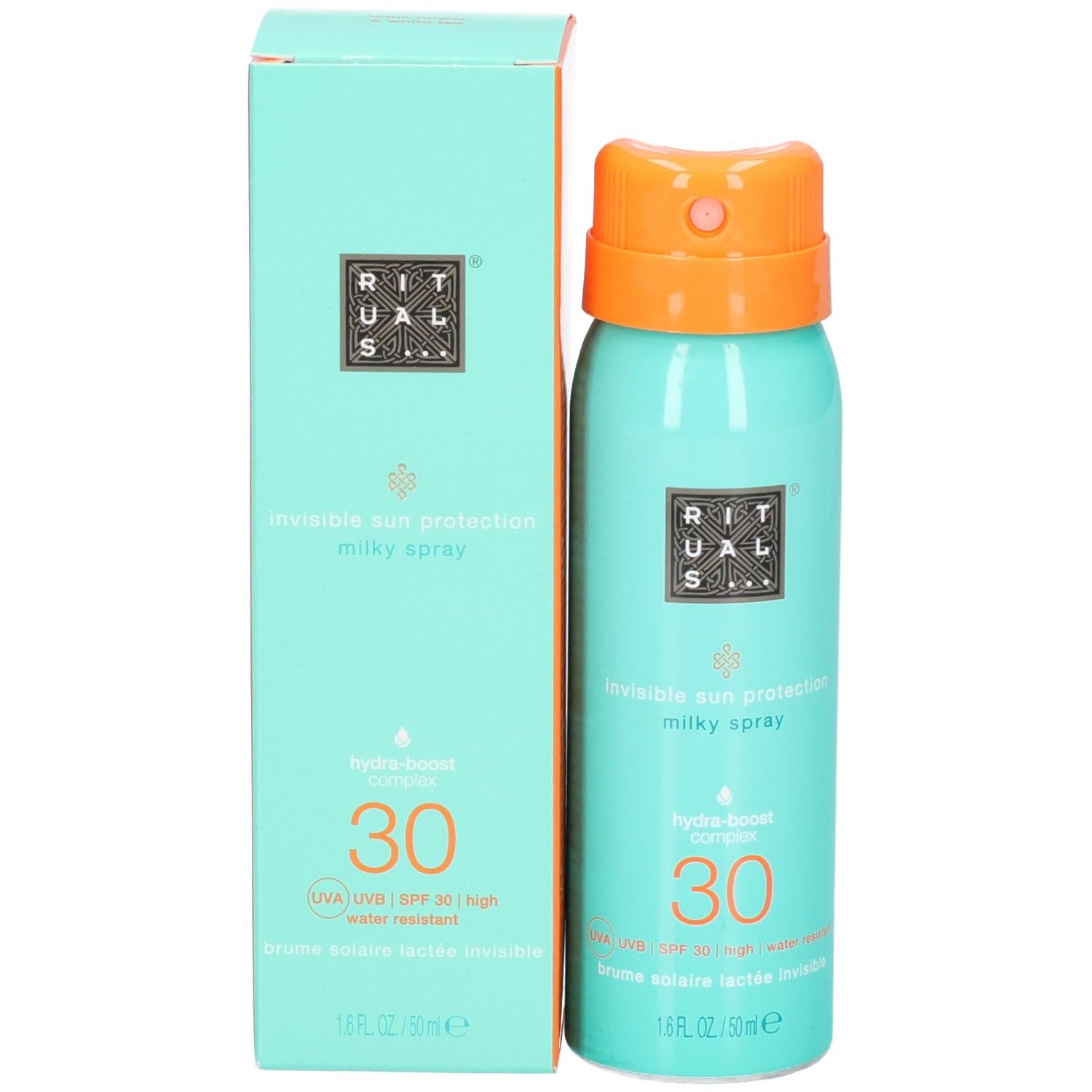 Spray solaire RITUALS SPF 30 à côté de sa boîte d'emballage menthe.