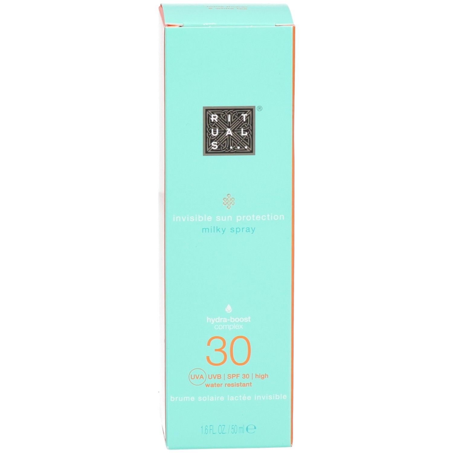 Boîte d'emballage menthe pour spray solaire RITUALS SPF 30.