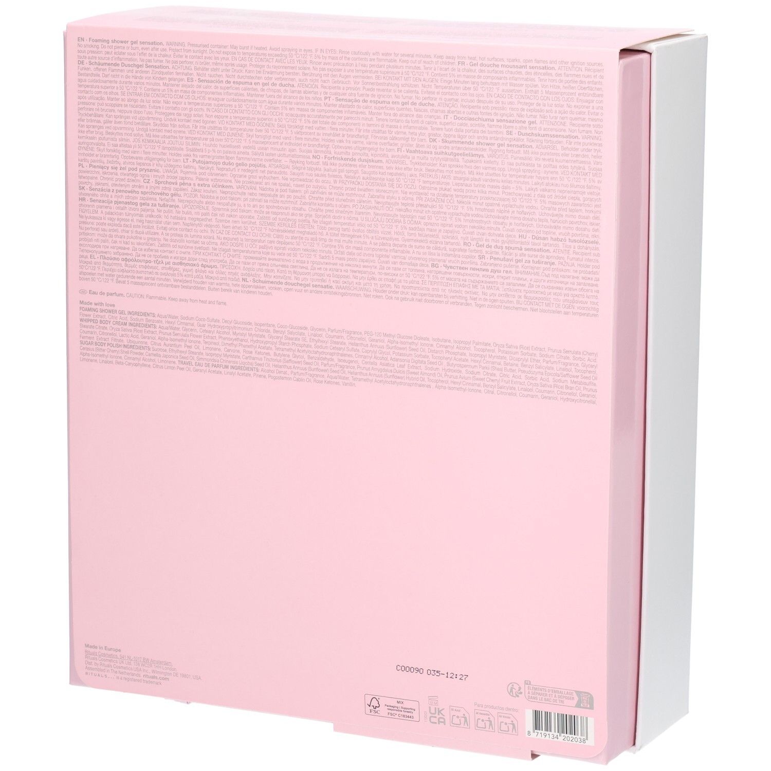 Arrière du coffret cadeau RITUALS The Ritual of Sakura avec informations produit.